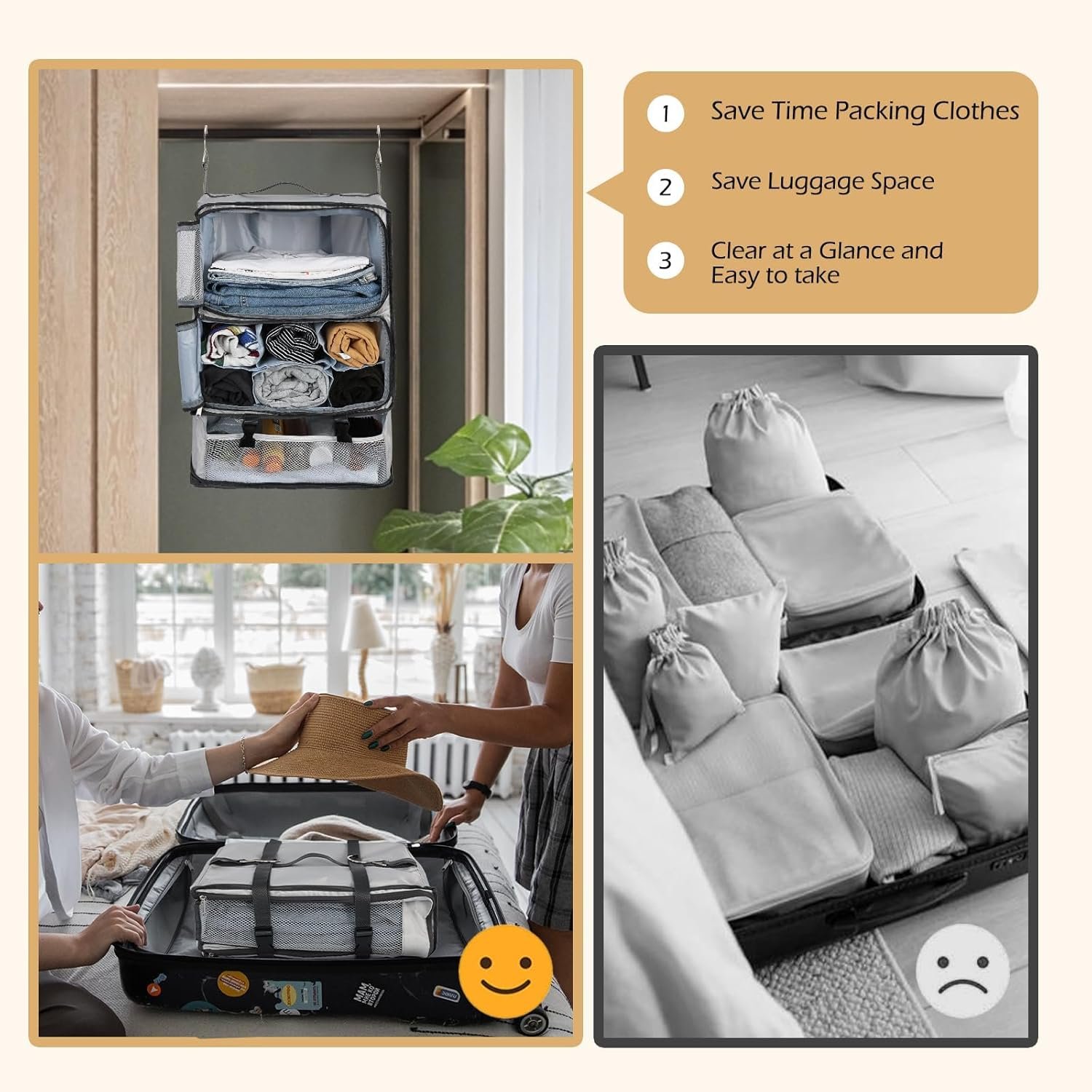 Custom Logo Hanging Shelves Travel Compression Packing Cube for Carry-on Luggage Suitcase Private Label Collapsible Transformable Garment Closet Organizers Large Capacity Light Grey XXL Factory