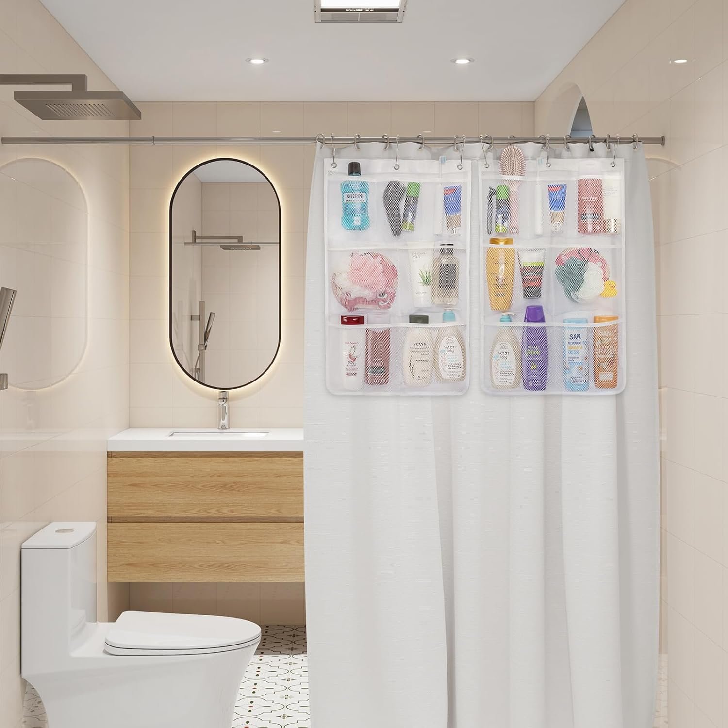 Private Label 7-Pocket Mesh Shower Caddy Hanging Organizer with Quick-Drying Mesh Custom Logo Portable Space-Saving Bathroom Storage for Soap Shampoo Cruise Essentials White 2-Pack by Manufacturer