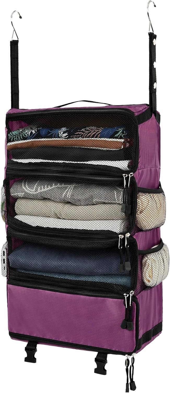 Private Label Hanging Packing Cubes All-in-One Ultra-Light Travel Shelves Portable Compression Organizer Bag Manufacturer for Carry-On Luggage Suitcase Closet Wardrobe Accessories Custom Logo Medium Purple