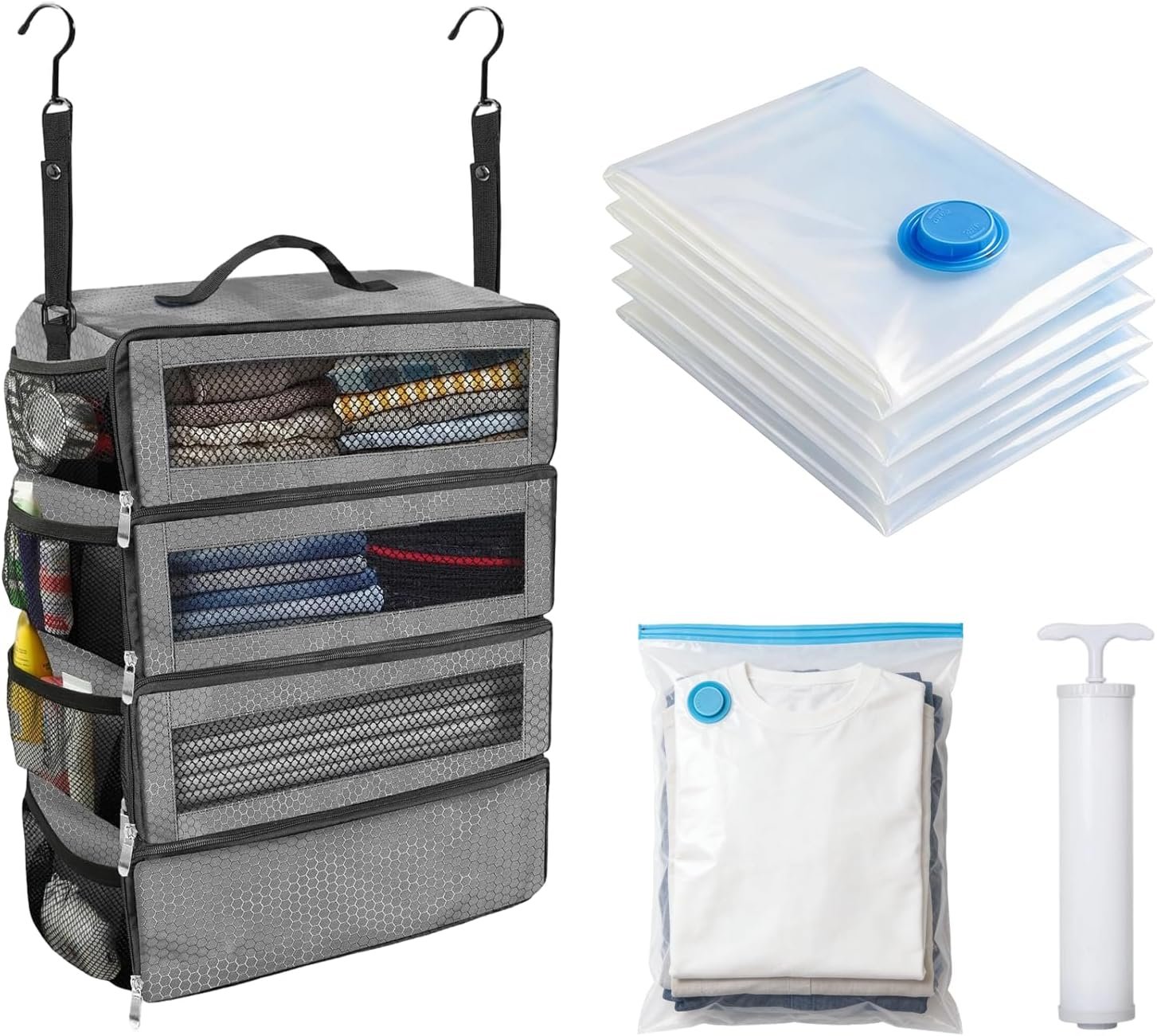 Manufacturer Suitcase Organizer - Portable Collapsible Hanging Packing Cubes Travel Shelves for Carry-On, Private Label with 5 Medium Vacuum Storage Bags and Hand Pump, Custom Logo Gray