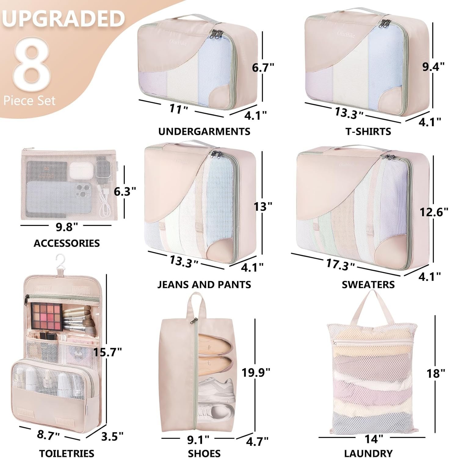 Supplier 10 Set/8 Set Packing Cubes for Travel Gifts for Women and Mom Custom Logo Anti-Tearing Suitcase Organizer for Luggage with Shoe and Hanging Toiletry Bag Private Label Vacation Essentials and Accessories for Cruise Ship Cream