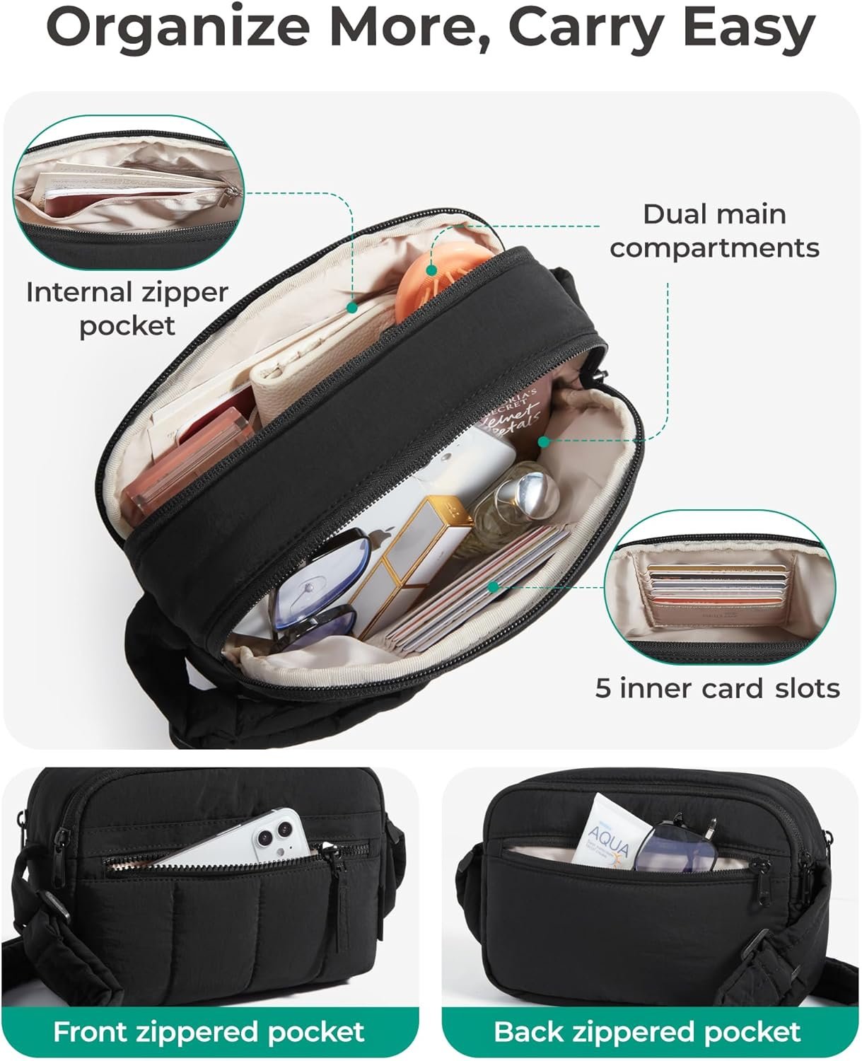 Manufacturer Mini Crossbody Purse for Women Travel Puffy Shoulder Handbag Wallet with Custom Logo RFID Blocking Slots Private Label Black Small