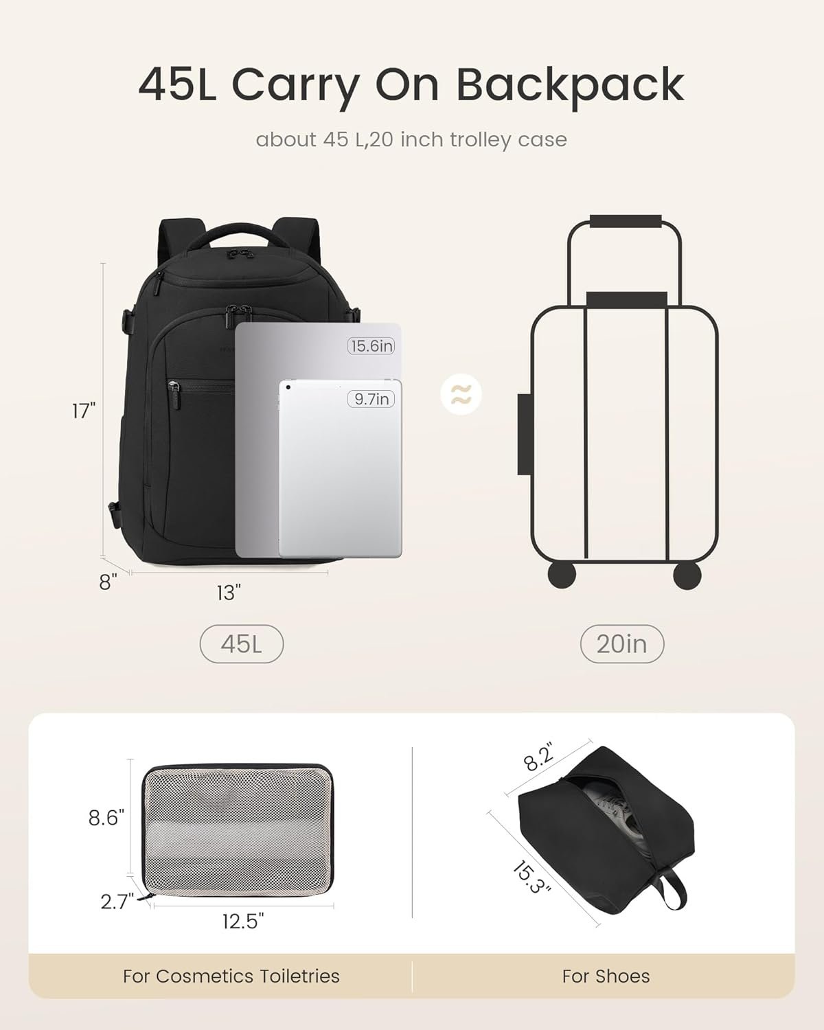 Manufacturer 40L Travel Backpack for Women and Men Airline Approved Carry On with 3 Packing Cubes TSA Waterproof Private Label Personal Item Bag Weekender Fits 18