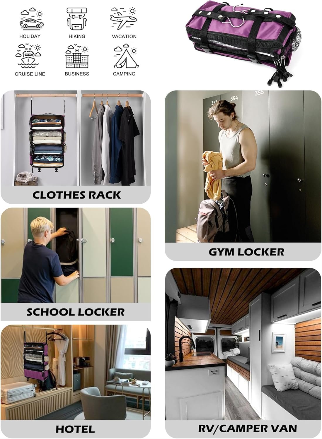 Private Label Hanging Packing Cubes All-in-One Ultra-Light Travel Shelves Portable Compression Organizer Bag Manufacturer for Carry-On Luggage Suitcase Closet Wardrobe Accessories Custom Logo Medium Purple