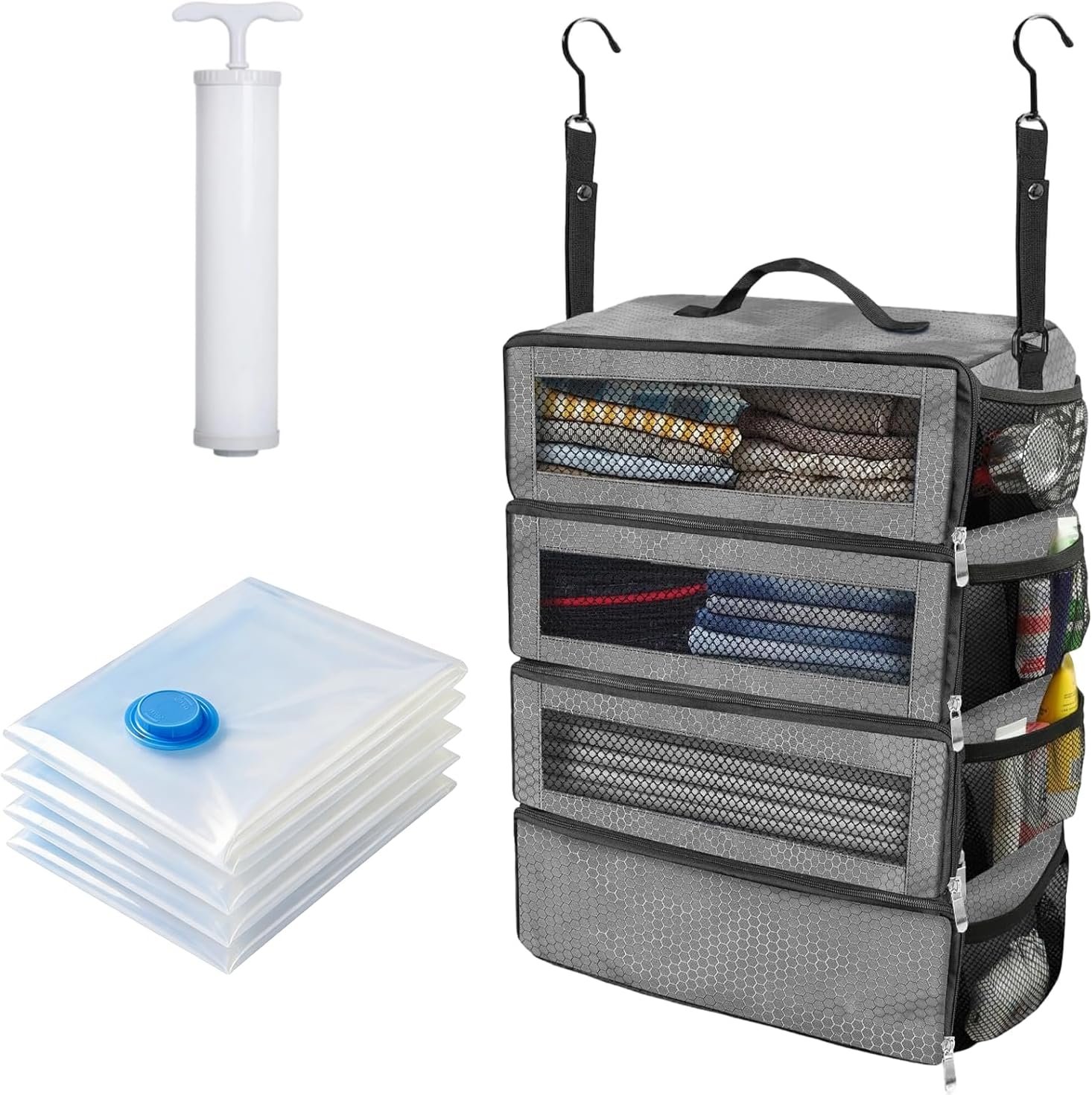 Manufacturer Suitcase Organizer - Portable Collapsible Hanging Packing Cubes Travel Shelves for Carry-On, Private Label with 5 Medium Vacuum Storage Bags and Hand Pump, Custom Logo Gray
