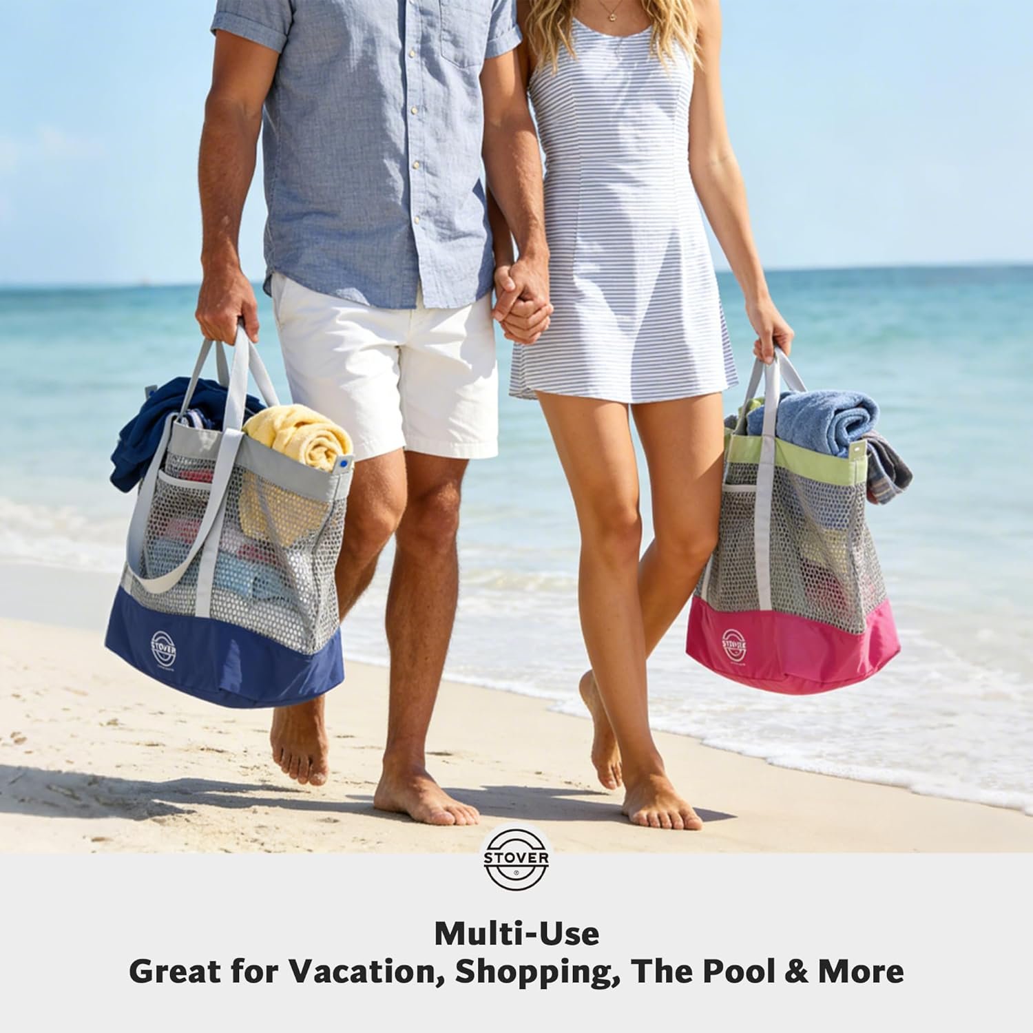 Private Label Extra Large Mesh Beach Bag with Custom Logo for Vacation Pool Shopping Travel Foldable Tote with Storage Pouch Pockets Manufacturer for Women Men