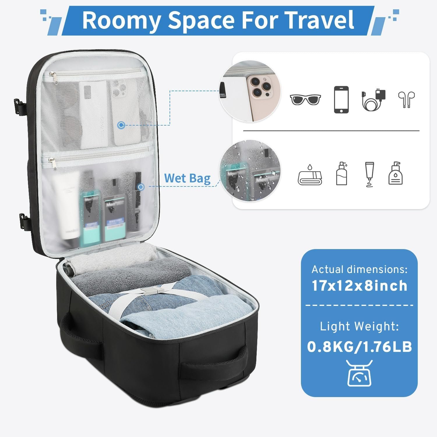 Custom Logo Travel Backpack for Women & Men - Private Label Carry-On TSA 15.6 Inch Laptop Flight Approved Personal Item Nurse Casual Daypack for Weekender Business Trips Factory Black