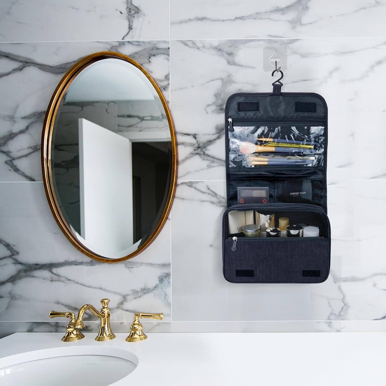 Manufacturer Large Capacity Toiletry Bag with Hanging Hook for Men and Women Private Label Waterproof Travel Cosmetic Bag Custom Logo Bathroom Storage for Brushes Full-Sized Shampoo Toiletries Accessories Black