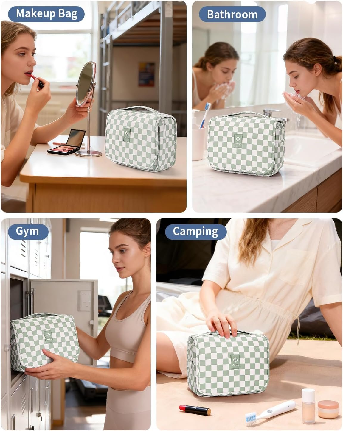Private Label Small Hanging Travel Toiletry Bag for Traveling Women, Custom Logo Checkered Makeup Cosmetic Organizer Manufacturer (Mint Green Checkerboard)