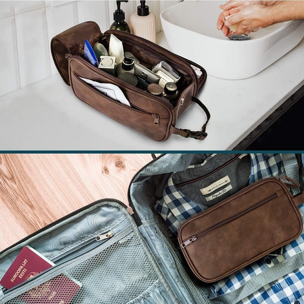 Private Label Toiletry Bag for Men Travel Essentials Shaving Dopp Kit Custom Logo Mens Toiletries Organizer Grooming Case Factory PU Leather Water Resistant Cosmetic Pouch (Dark Brown)