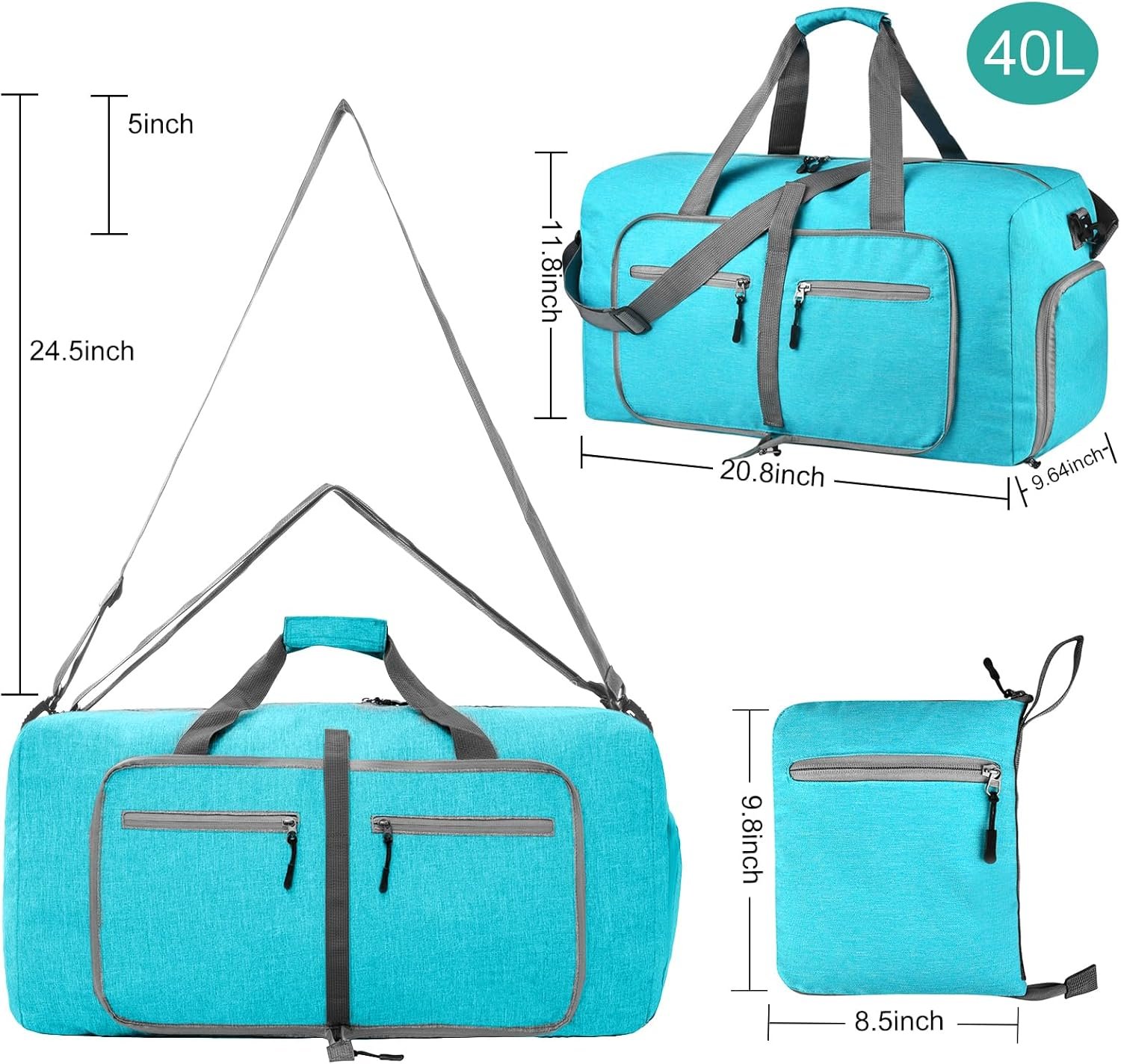 Custom Logo 40L Travel Duffel Bag - Private Label Foldable with Shoes Compartment for Men & Women Waterproof & Tear Resistant - Overnight Bag Mint Green Factory