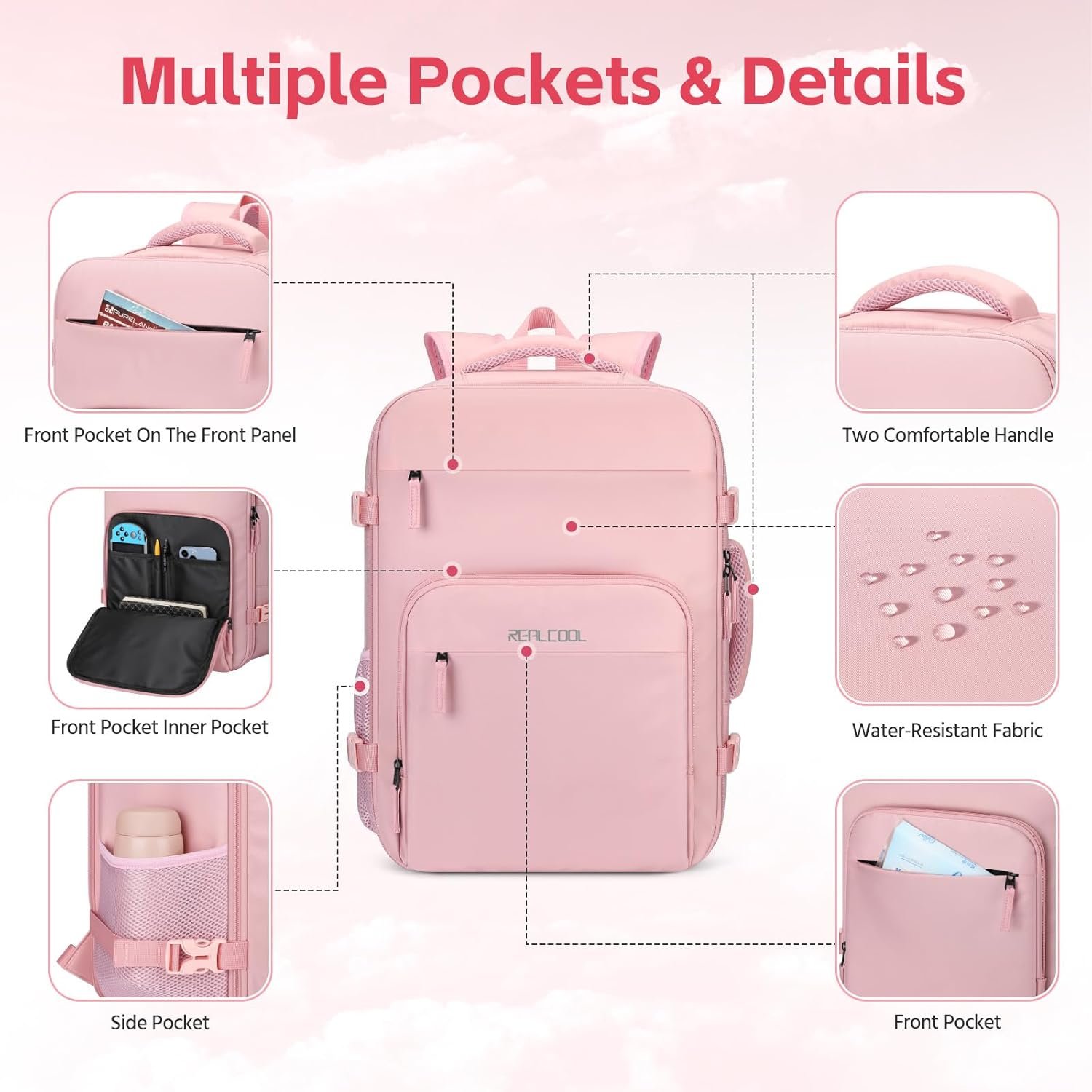 Factory Direct Travel Backpack for Women & Men - Private Label 15.6 Inch Laptop Carry On TSA Flight Approved - Custom Logo Gift for Travelers Students Professionals College School Business Weekender Daypack - Pink