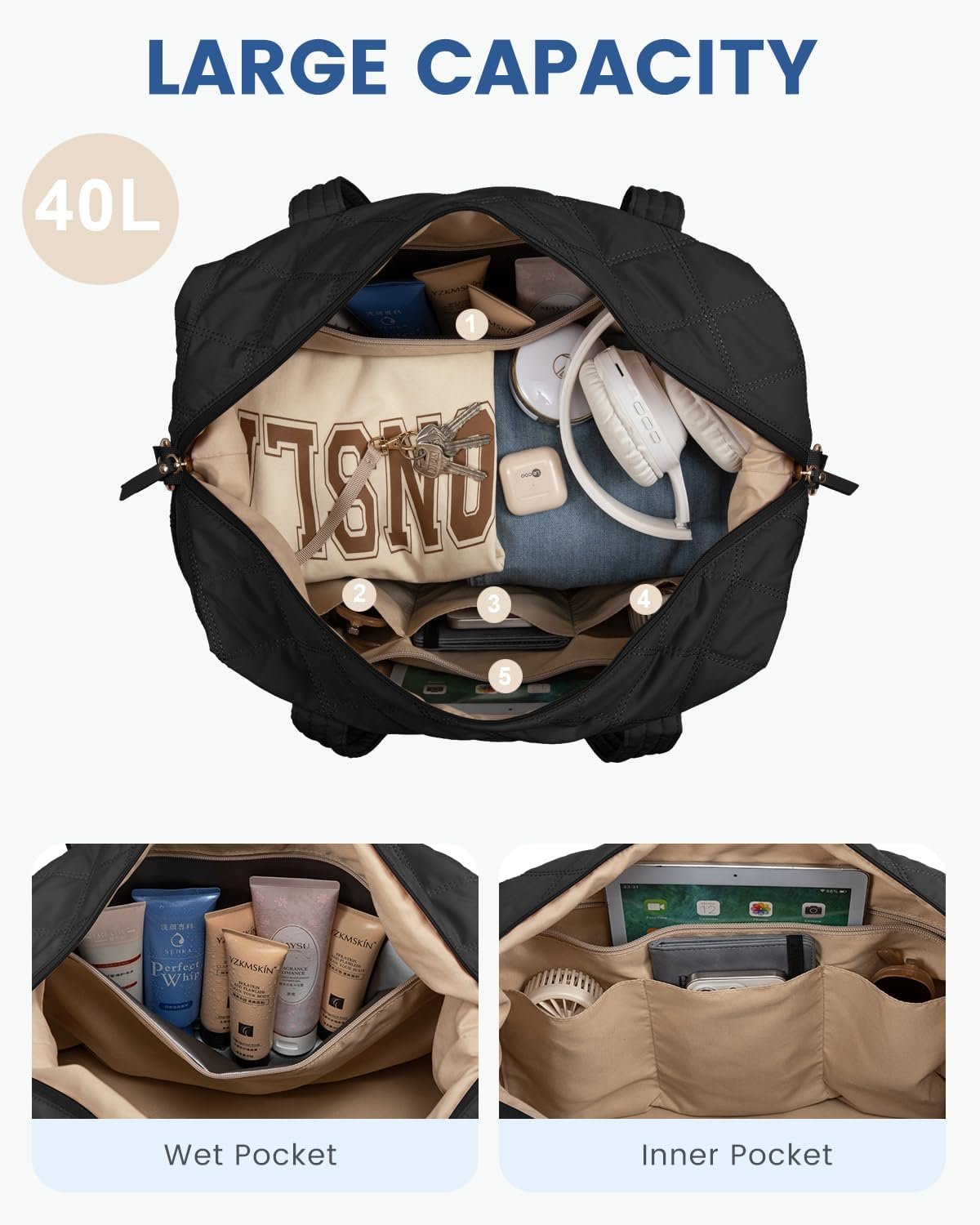 Private Label Lightweight Travel Duffle Bag for Women with Shoe Compartment, Custom Logo 40L Puffer Weekender Gym Personal Item Bag, Overnight Hospital Bag for Labor and Delivery Black Manufacturer Private Label Lightweight Travel Duffle Bag for Women with Shoe Compartment, Custom Logo 40L Puffer Weekender Gym Personal Item Bag, Overnight Hospital Bag for Labor and Delivery Black Manufacturer