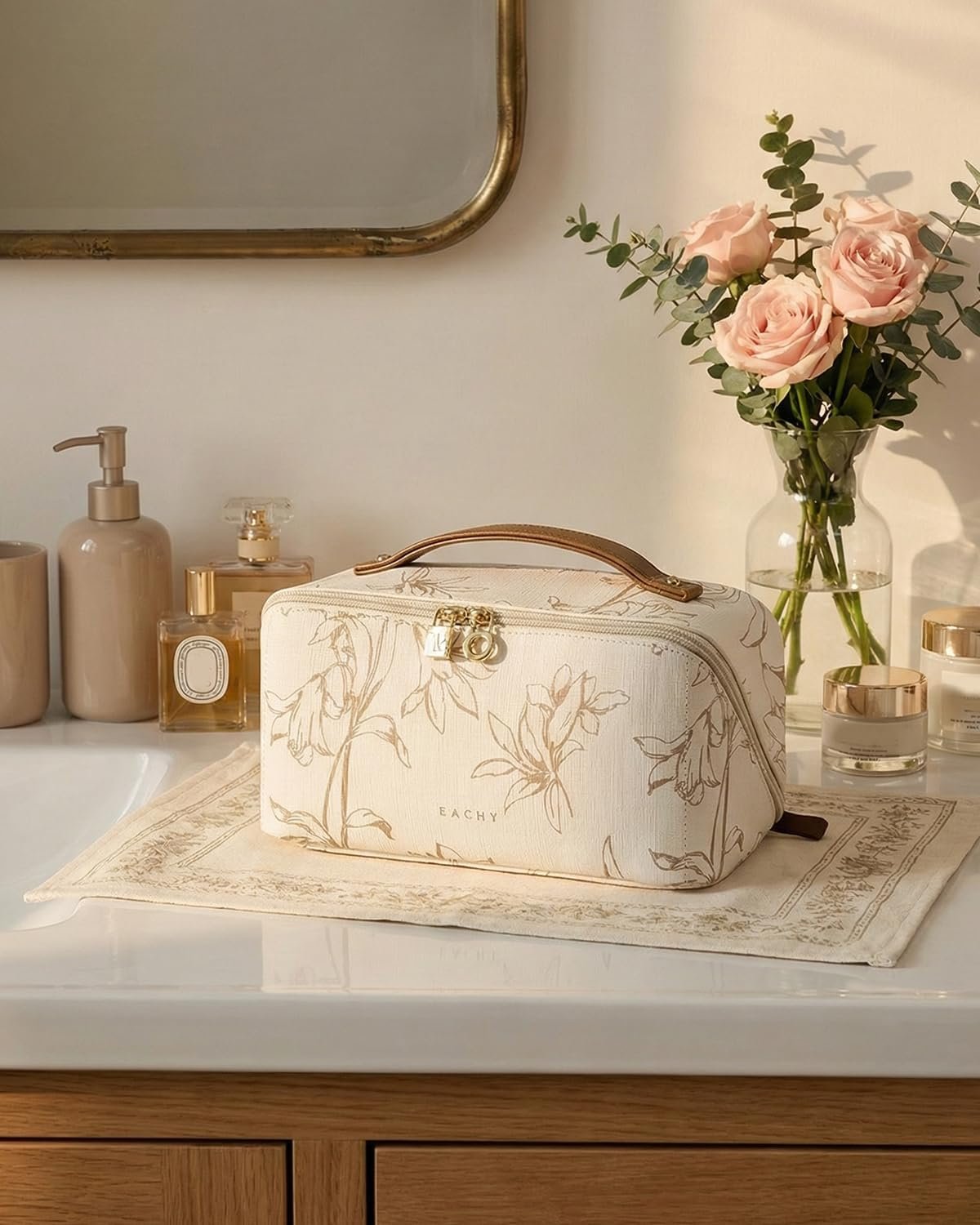 Manufacturer Large Capacity Travel Makeup Cosmetic Bag for Women Private Label Waterproof Portable Open Flat Toiletry Pouch Custom Logo (F-Beige)