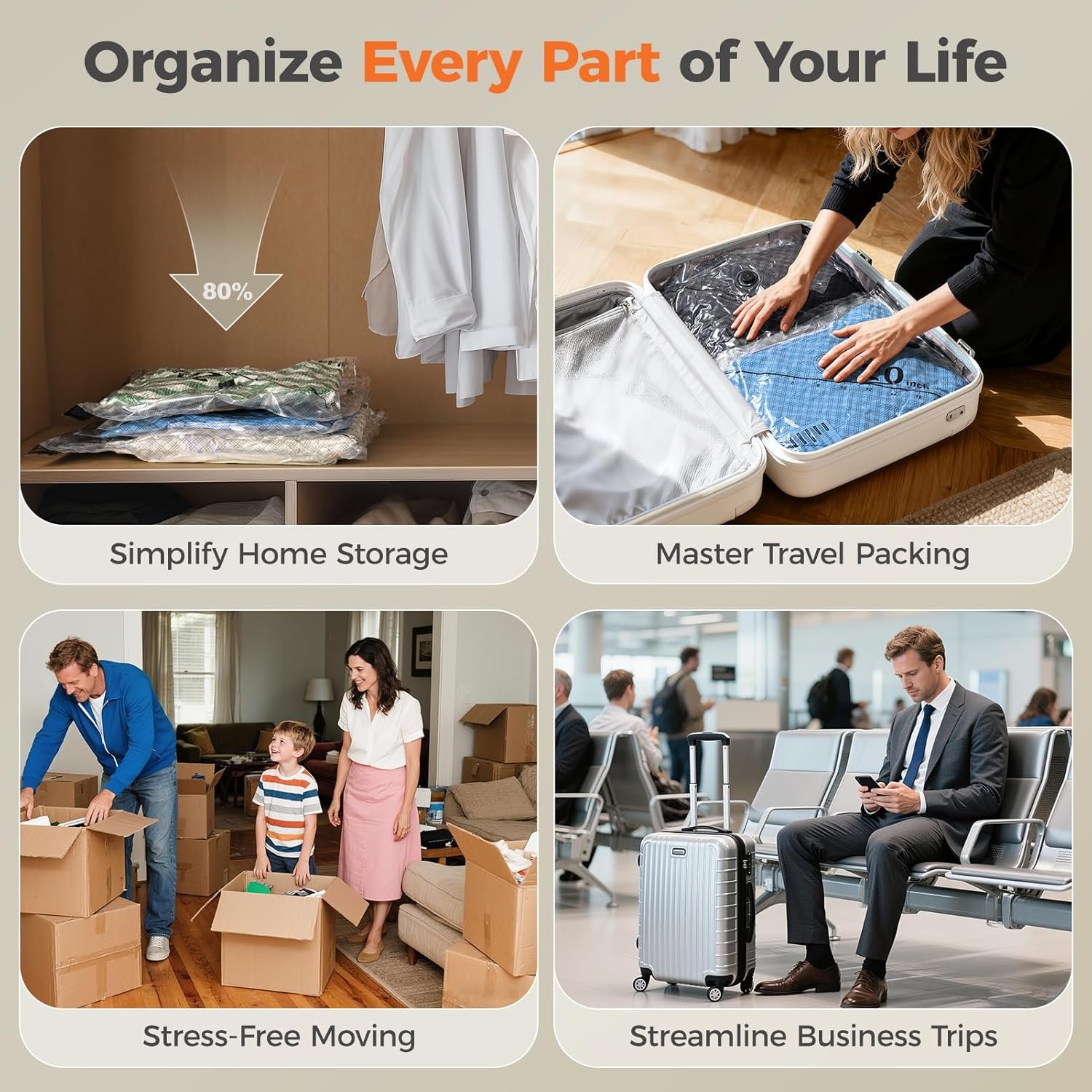 Manufacturer 18-Pack Vacuum Seal Bags with Rechargeable Wireless Pump and Custom Logo 3 Sizes (20/24/28 Inch) Private Label Travel Vacuum Storage Bags for Clothing Bedding and Seasonal Storage Space Saver for Luggage