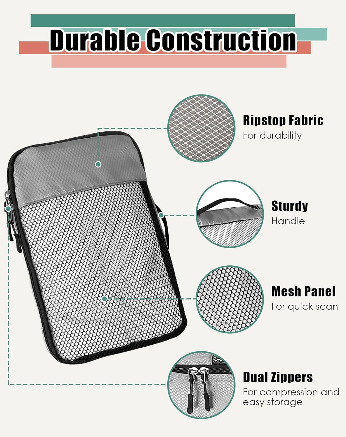 Manufacturer of 4-Piece Packing Cubes - Private Label Luggage Organizer Bags with Double Zipper Mesh Top for Suitcases - Custom Logo Small/Medium/Large/Slim - Grey