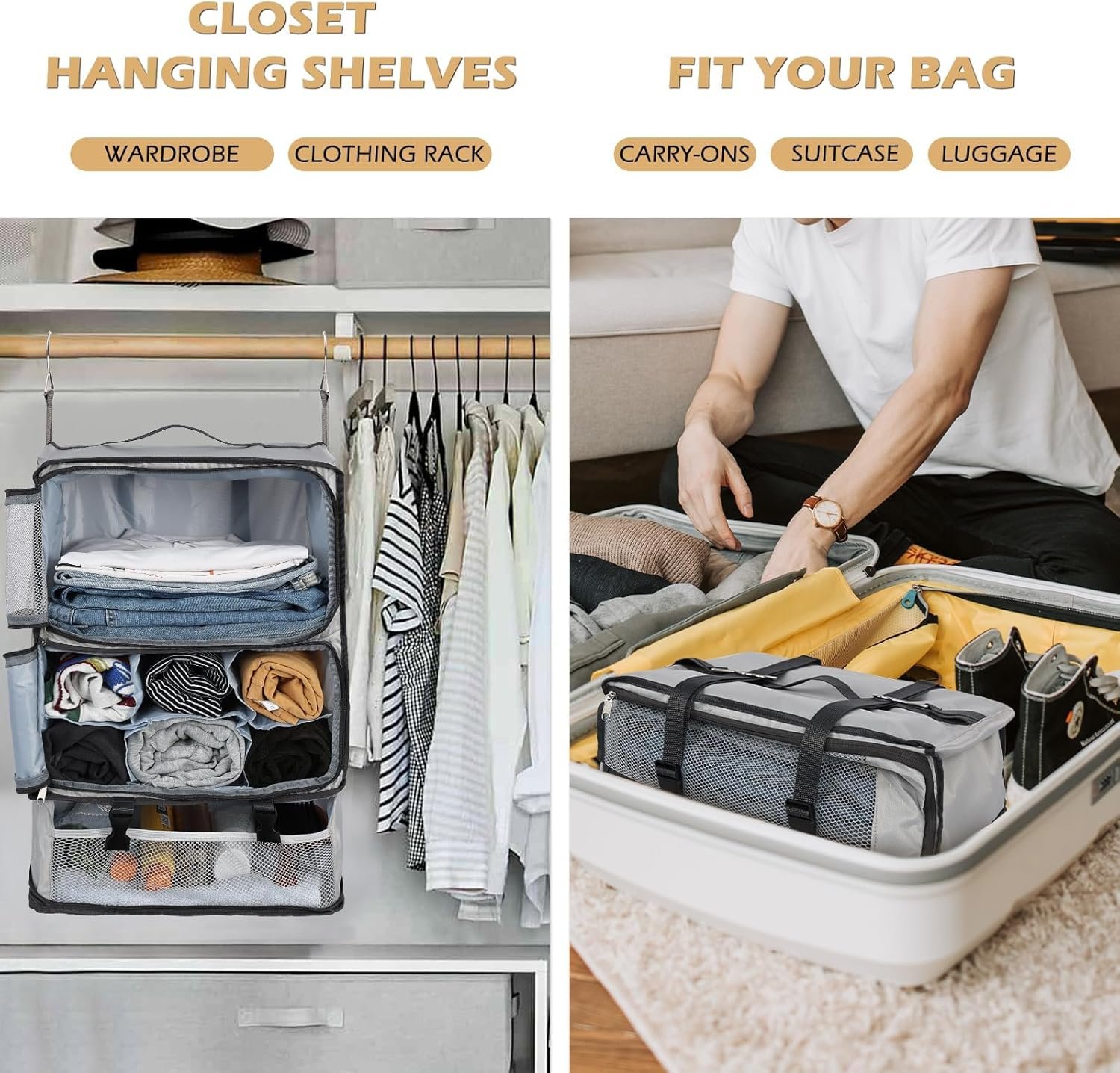 Custom Logo Hanging Shelves Travel Compression Packing Cube for Carry-on Luggage Suitcase Private Label Collapsible Transformable Garment Closet Organizers Large Capacity Light Grey XXL Factory