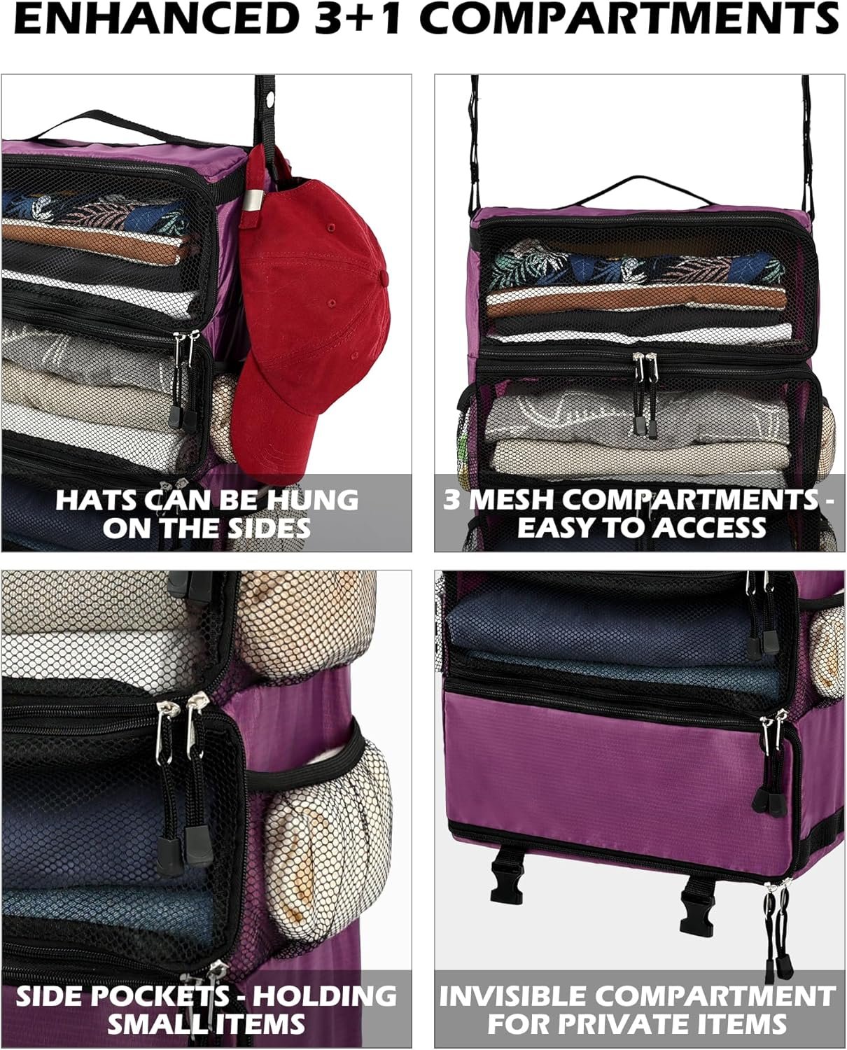 Private Label Hanging Packing Cubes All-in-One Ultra-Light Travel Shelves Portable Compression Organizer Bag Manufacturer for Carry-On Luggage Suitcase Closet Wardrobe Accessories Custom Logo Medium Purple