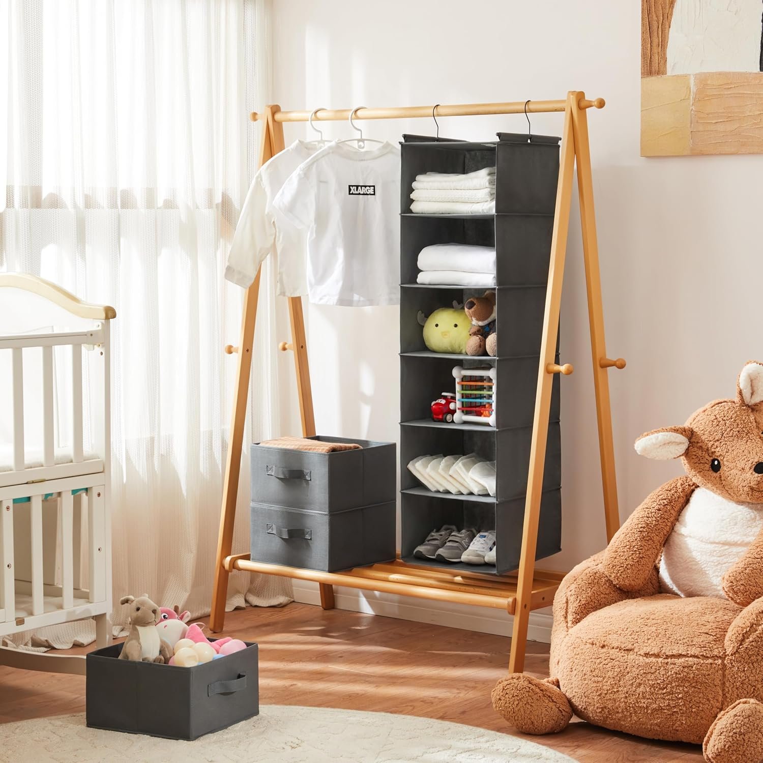 Private Label 6 Tier Hanging Closet Shelf Organizer with 2 Sturdy Hooks Custom Logo Foldable Grey Manufacturer