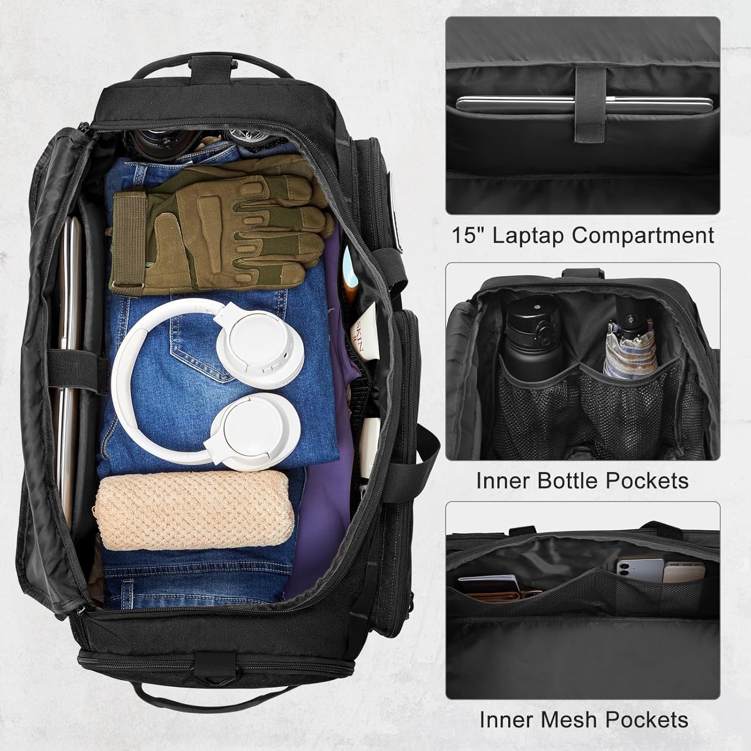 Private Label 3-in-1 50L Large Travel Duffle Bag Gym Sports Tactical Military Backpack with Custom Logo Shoes Compartment Wet Pocket Factory (Black)