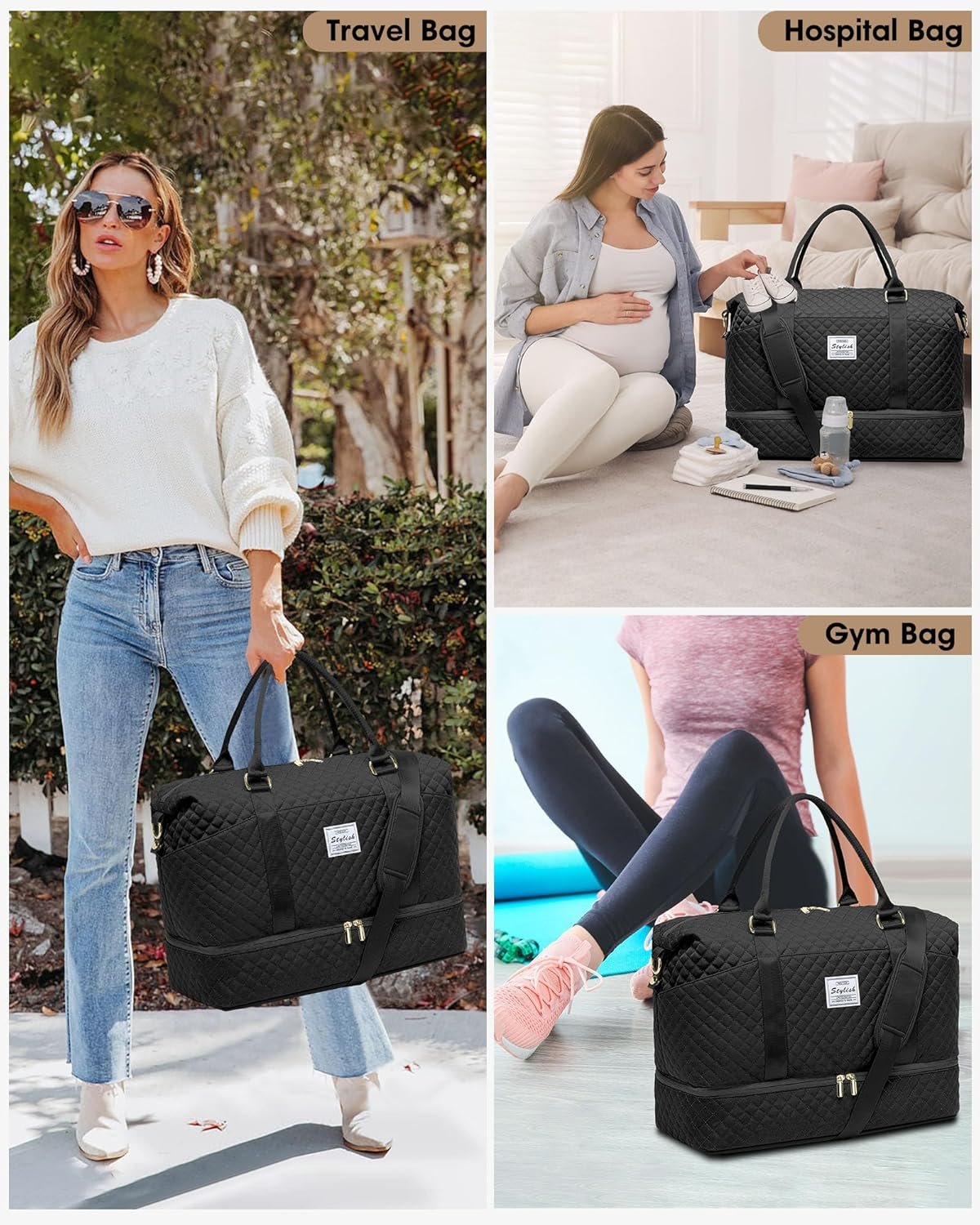 Private Label Womens Large Weekender Travel Duffel Overnight Bags with Shoe Compartment Carry On Tote Toiletry Gym Yoga Weekend Wet Pocket Custom Logo Hospital Labor Delivery Manufacturer Black