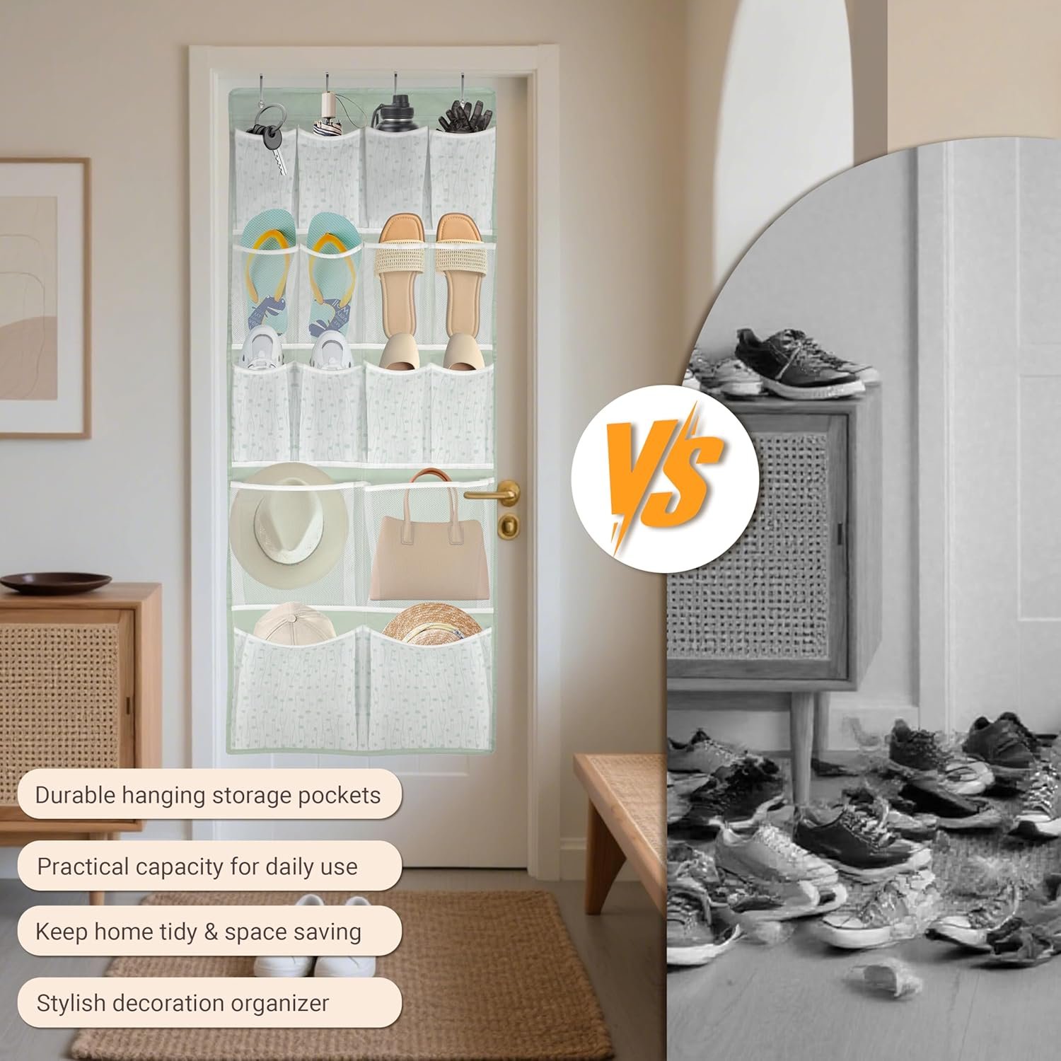 Custom Logo 16 Pockets Over Door Hanging Organizer Private Label Back of Door Shoes Organizer with 4 Kinds of Pouches Factory Closet Hanging Shelf Holder for Socks Hats Underwear Travel Outfits Home Dorm RV Storage