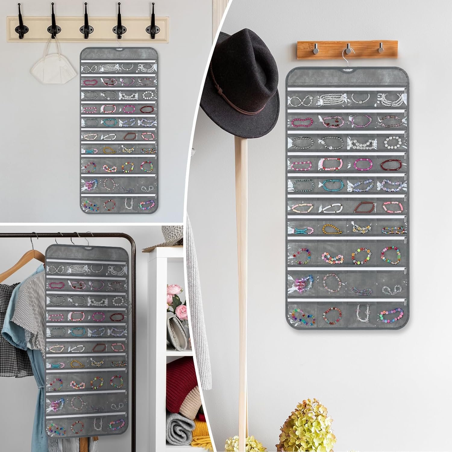 Private Label 2 Pack Dual-Sided Zippered Pocket Hanging Jewelry Organizer with Custom Logo 80 Zippered Pockets Each by Manufacturer for Earrings Bracelets Rings