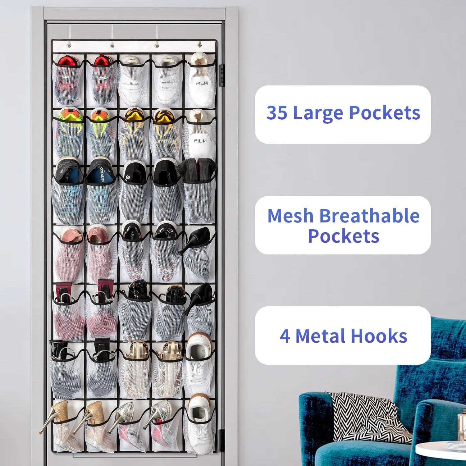 Private Label 35 Pockets Over the Door Shoe Organizer Manufacturer of Large Capacity Mesh Pockets Hanging Storage 4 Metal Hooks Custom Logo White 1Pack