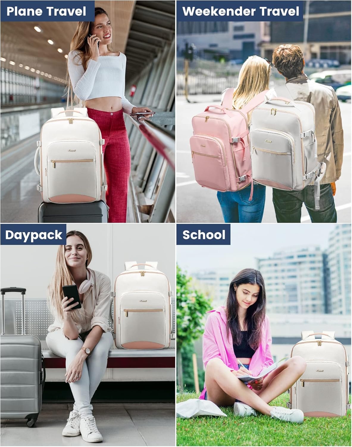 Private Label 40L Airline Approved Carry On Travel Backpack for Women and Men TSA Approved Waterproof Personal Item Bag with 3 Packing Cubes Custom Logo Manufacturer Light Gray-Pink