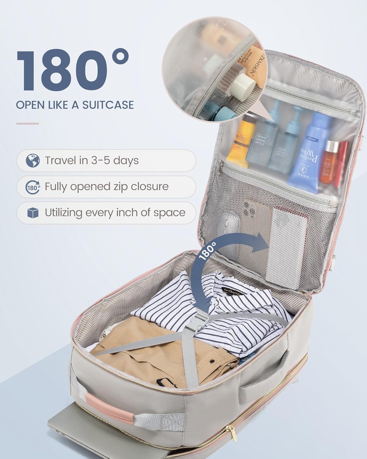 Private Label 40L Airline Approved Carry On Travel Backpack for Women and Men TSA Approved Waterproof Personal Item Bag with 3 Packing Cubes Custom Logo Manufacturer Light Gray-Pink