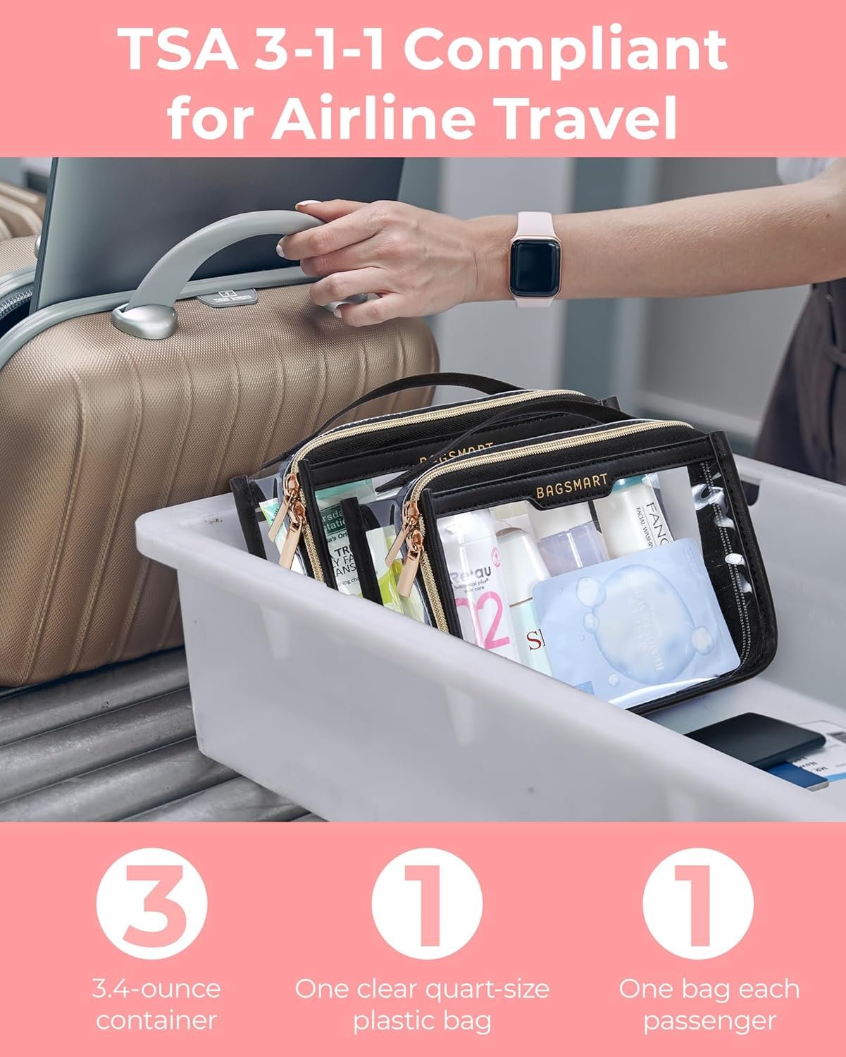 Custom Logo TSA Approved Clear Quart Size Toiletry Bag, Private Label Travel Makeup Cosmetic Pouch for Women, Manufacturer Pack of 2 Black Organizer