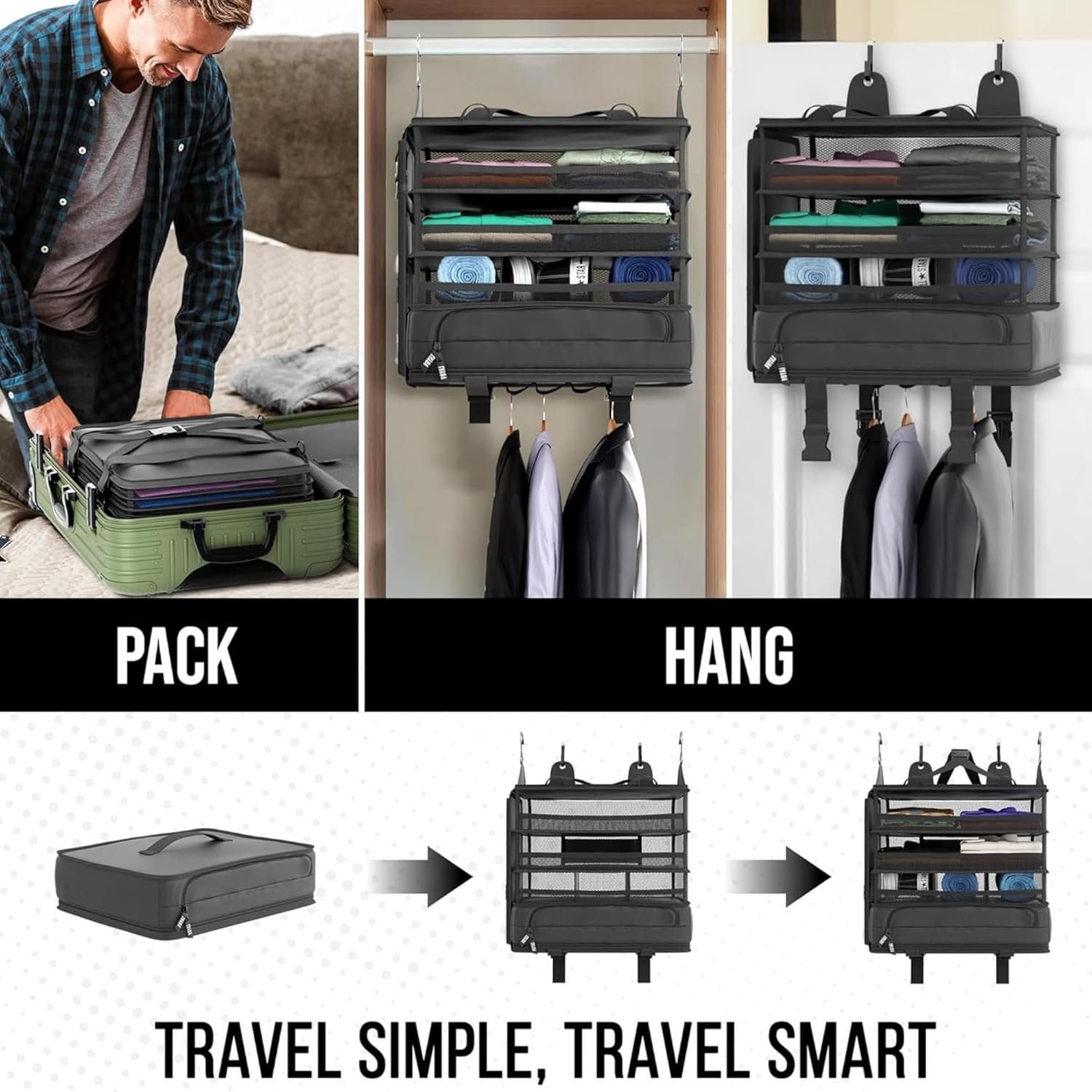 Custom Logo Hanging Suitcase Organizer for Travel - Private Label Carry On Closet Suitcase Hanging Luggage Organizers - Factory Easily Fits Carry On Luggage for Wrinkle Free Packing