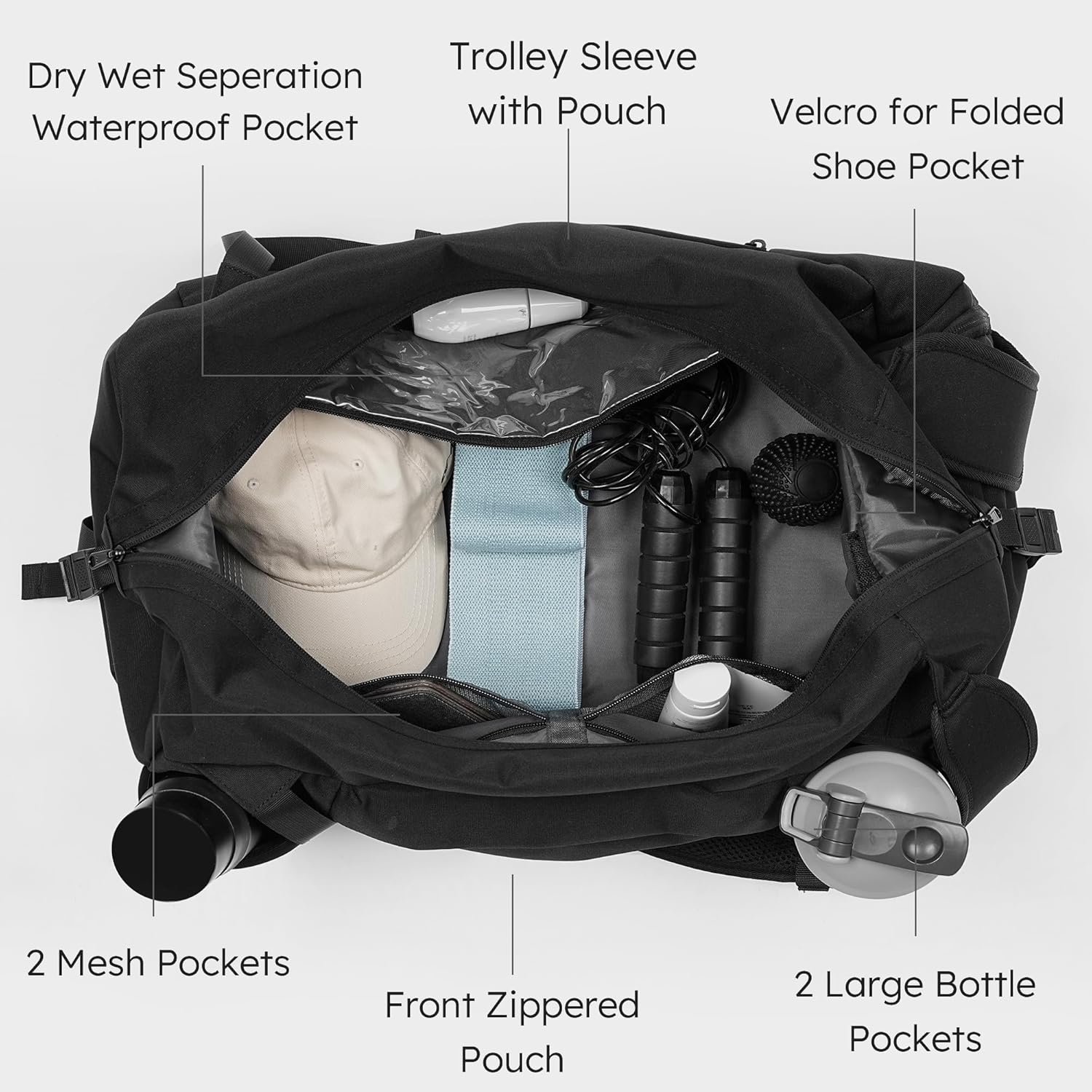 Private Label Gym Bag for Men with Shoes Compartment Wet Pocket Custom Logo Convertible Duffle Gym Backpack Waterproof Sports Bag 2 Bottle Holders Multipurpose Weekender Overnight Manufacturer - Black