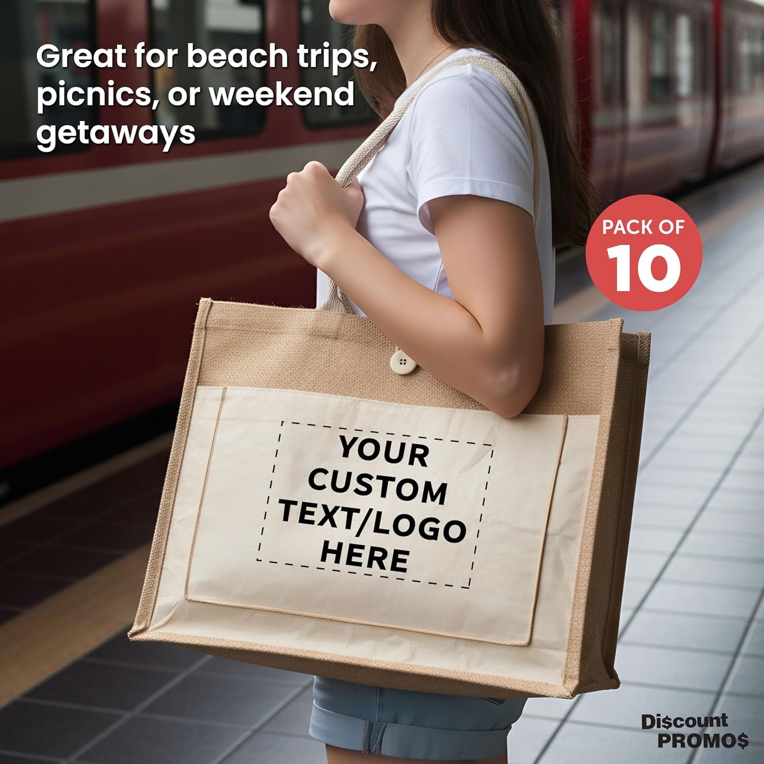 Custom Logo Jute Tote Bags with Cotton Pocket Set of 10 Private Label Bulk Pack from Manufacturer Reusable Natural for Picnic Camping Beach Outdoor Activities