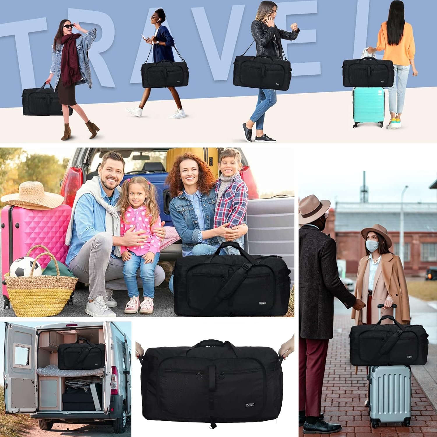 Custom Logo 65L Duffel Bag with Shoes Compartment Private Label Foldable Travel Duffel for Men Women Large Packable Water Repellent & Tear Resistant from Supplier Black