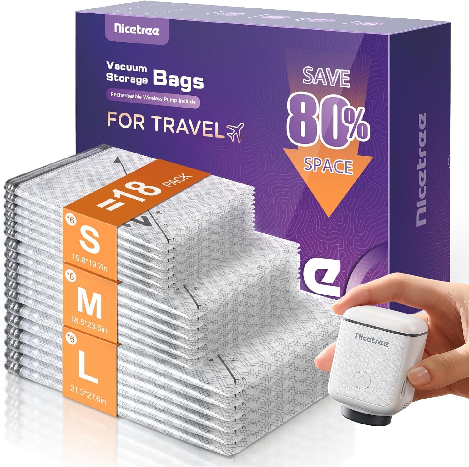 Manufacturer 18-Pack Vacuum Seal Bags with Rechargeable Wireless Pump and Custom Logo 3 Sizes (20/24/28 Inch) Private Label Travel Vacuum Storage Bags for Clothing Bedding and Seasonal Storage Space Saver for Luggage