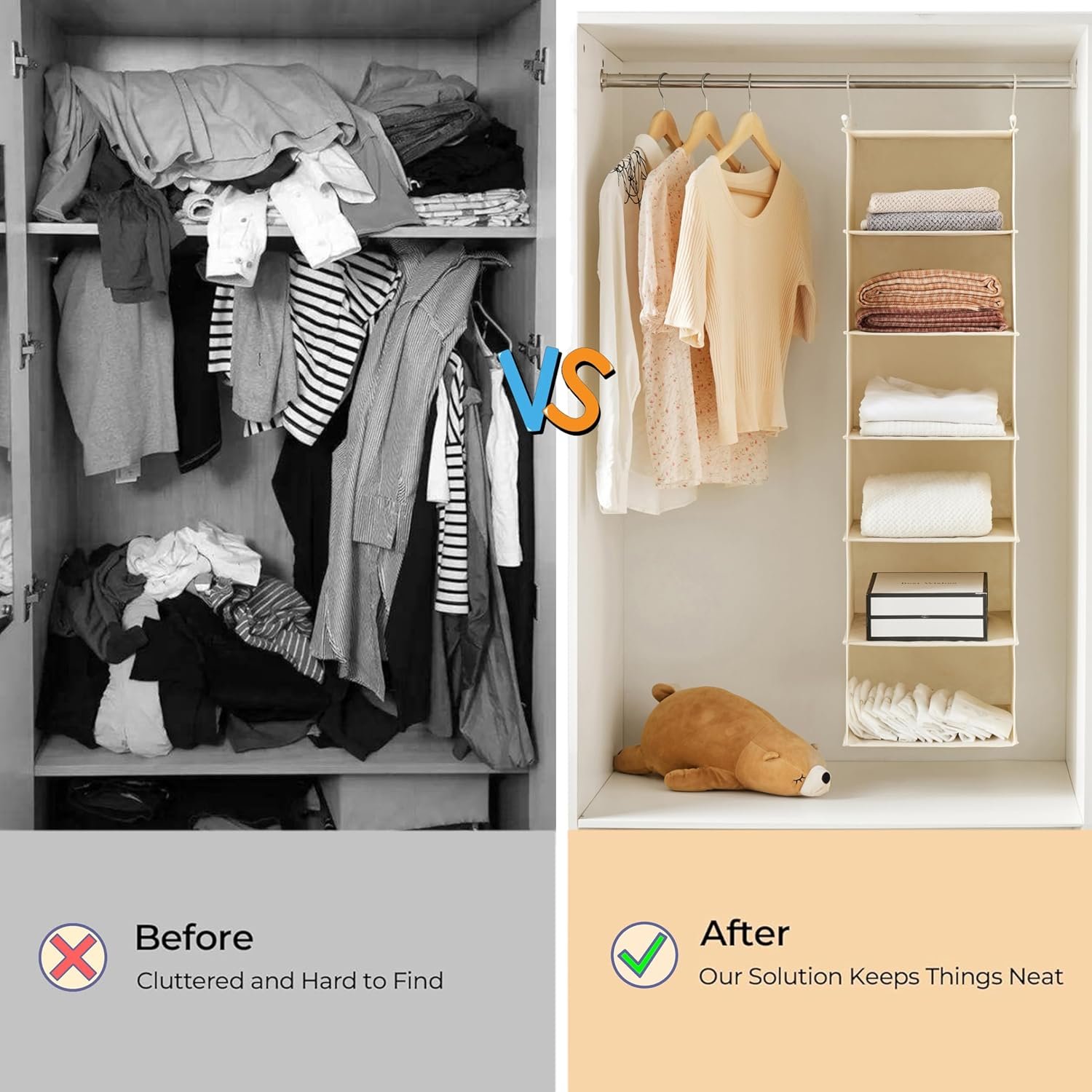 Manufacturer 6 Tier Private Label Hanging Closet Organizer Cloth Shelf with 2 Sturdy Hooks Custom Logo Foldable Beige