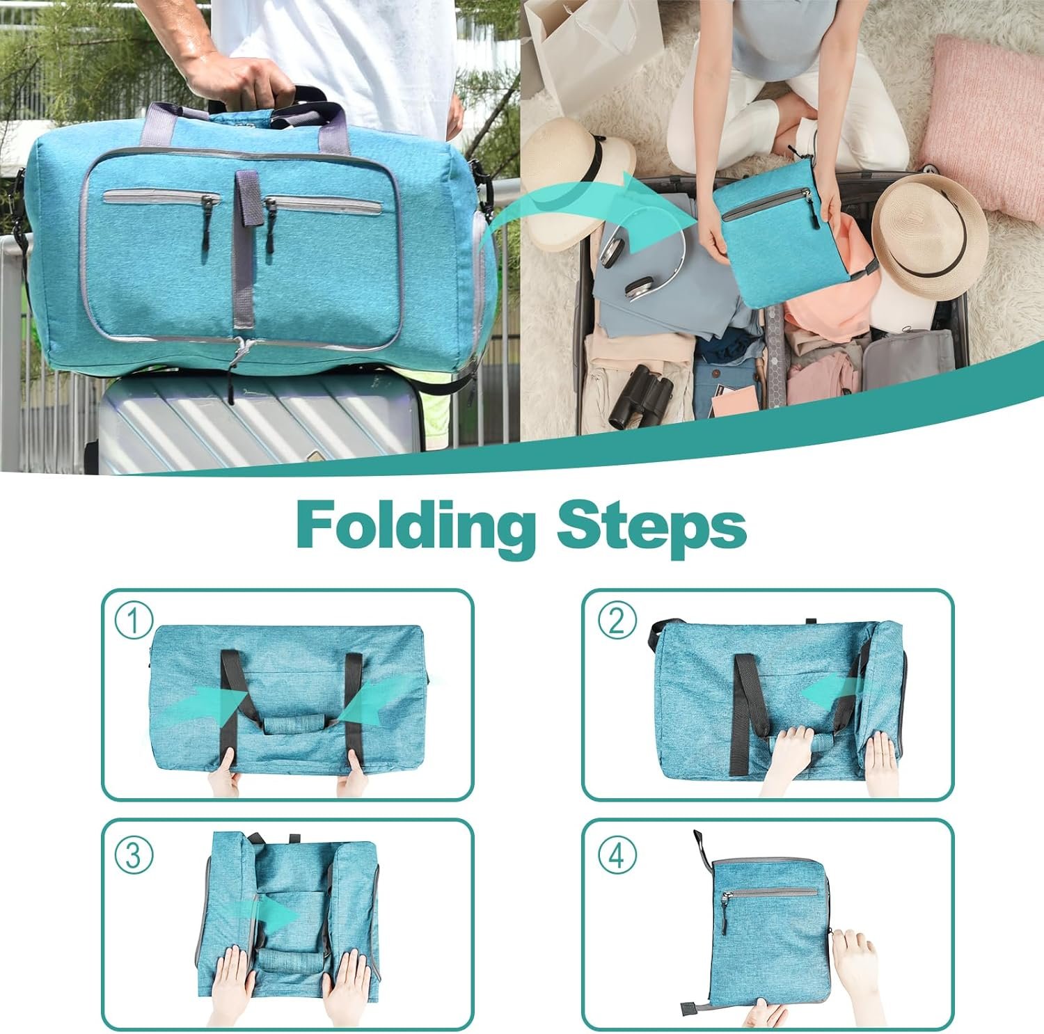 Custom Logo 40L Travel Duffel Bag - Private Label Foldable with Shoes Compartment for Men & Women Waterproof & Tear Resistant - Overnight Bag Mint Green Factory