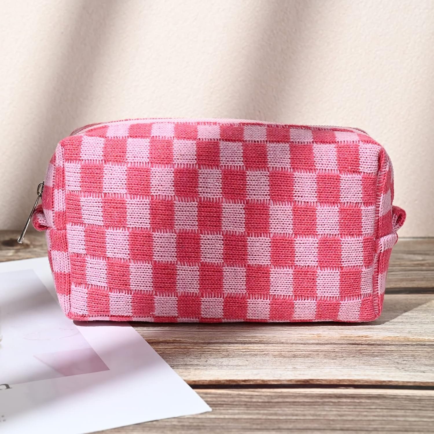 Custom Logo 2 Pieces Large Checkered Cosmetic Makeup Bag Canvas Travel Toiletry Organizer Private Label for Women Rose Red Manufacturer