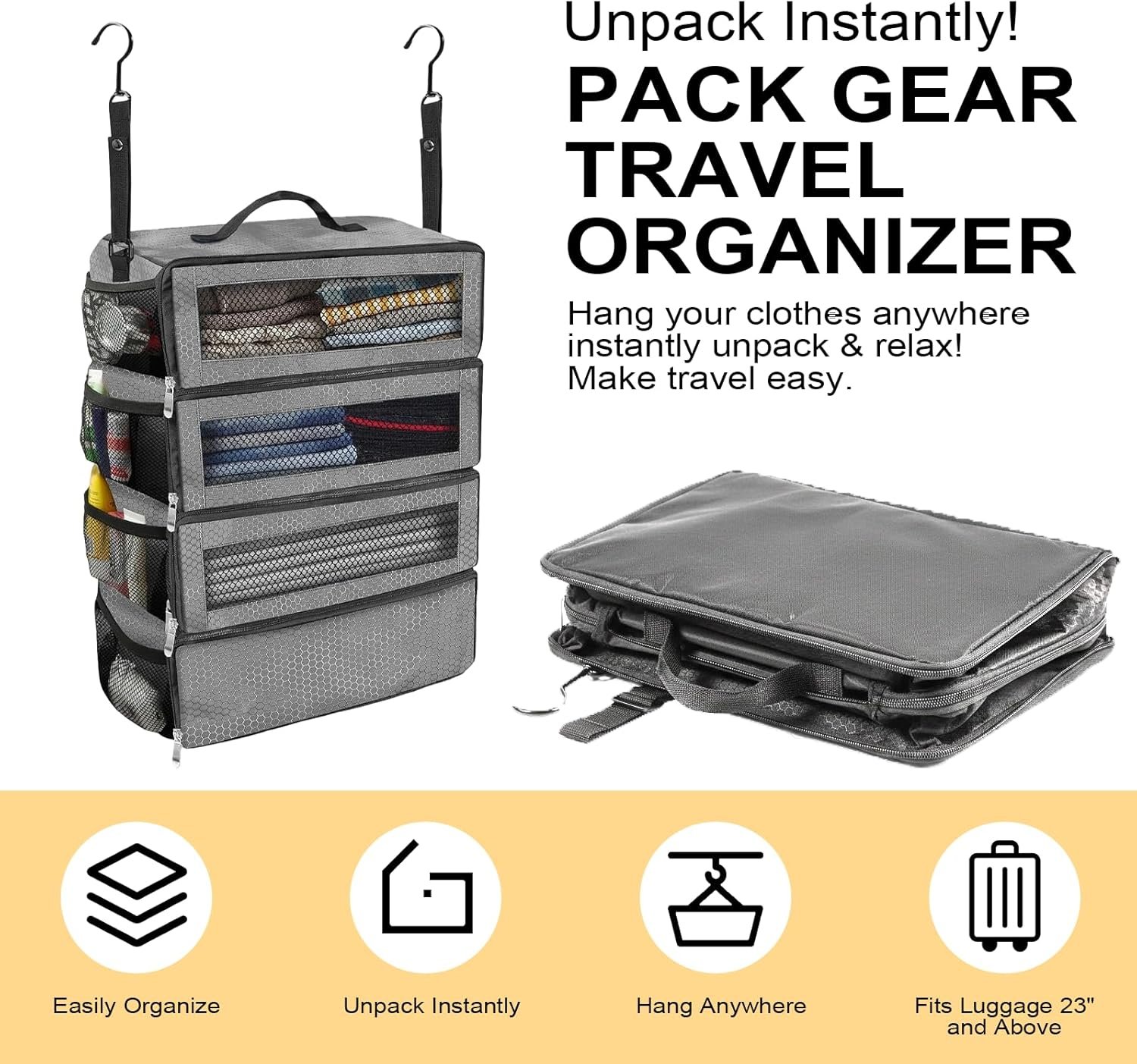 Manufacturer Suitcase Organizer - Portable Collapsible Hanging Packing Cubes Travel Shelves for Carry-On, Private Label with 5 Medium Vacuum Storage Bags and Hand Pump, Custom Logo Gray