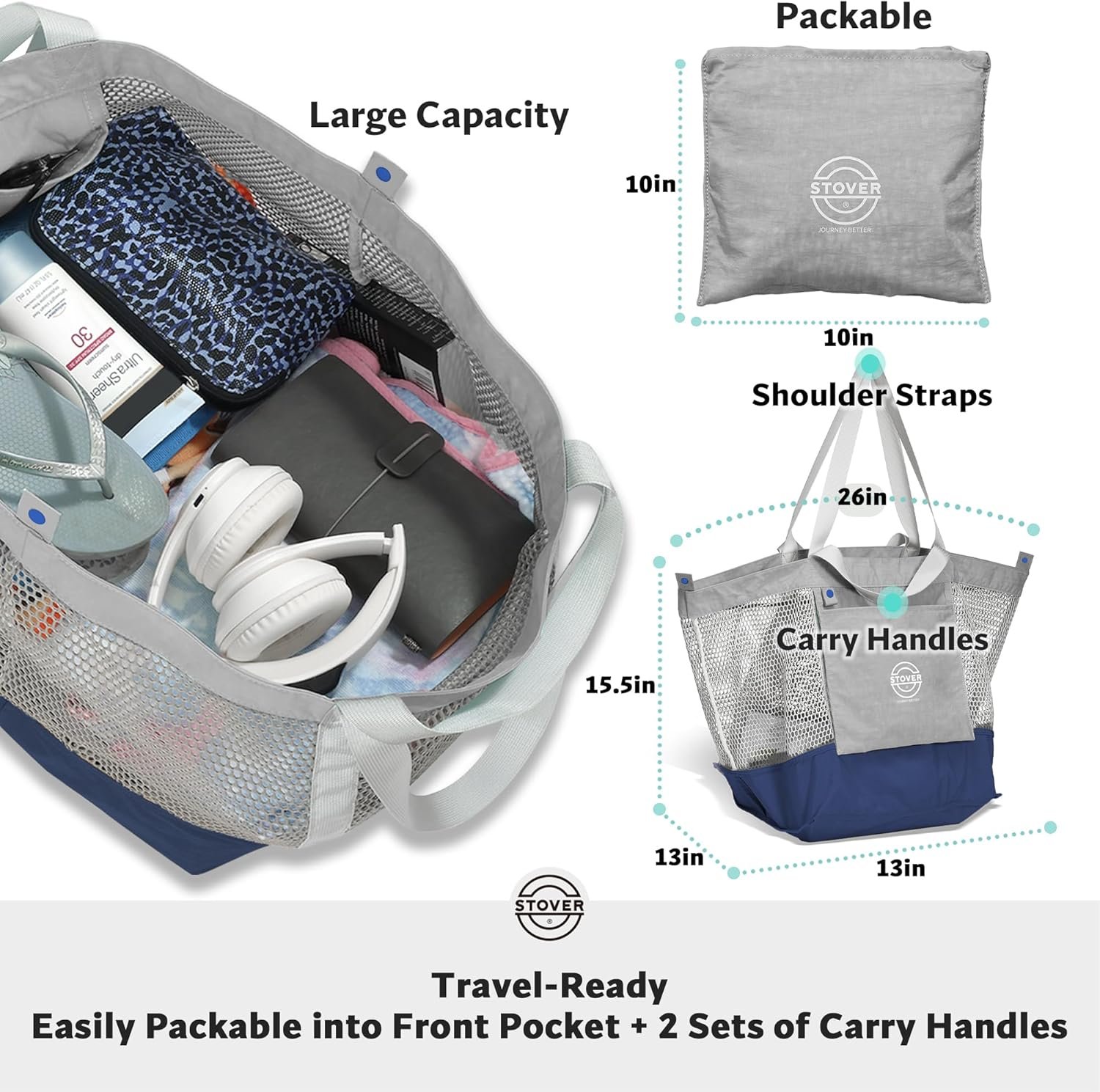 Private Label Extra Large Mesh Beach Bag with Custom Logo for Vacation Pool Shopping Travel Foldable Tote with Storage Pouch Pockets Manufacturer for Women Men