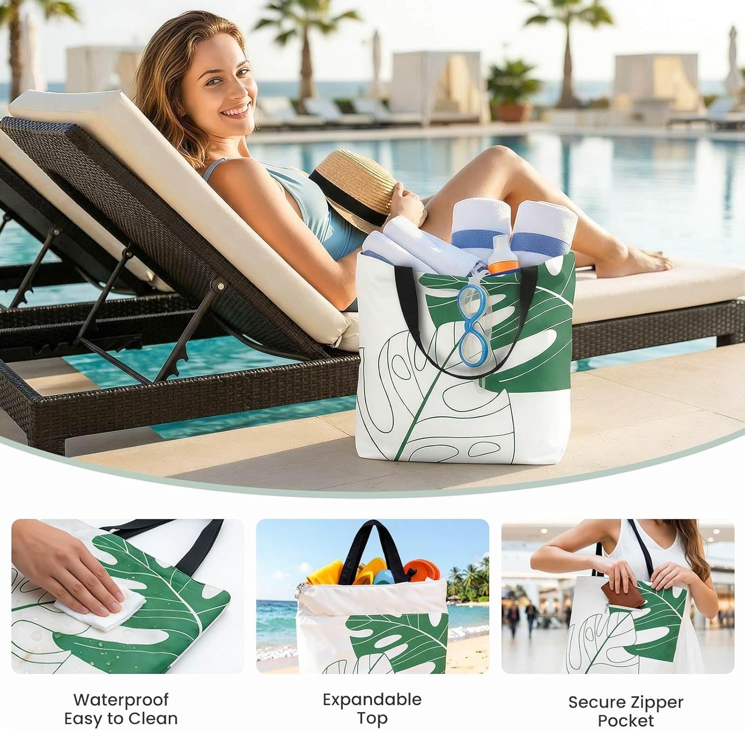 Custom Logo Zipper Beach Tote Bag 15x18in Waterproof Expandable Lightweight Large Capacity Manufacturer Tear-Resistant Shoulder Bag Private Label Versatile for Swimming Pool Travel Shopping
