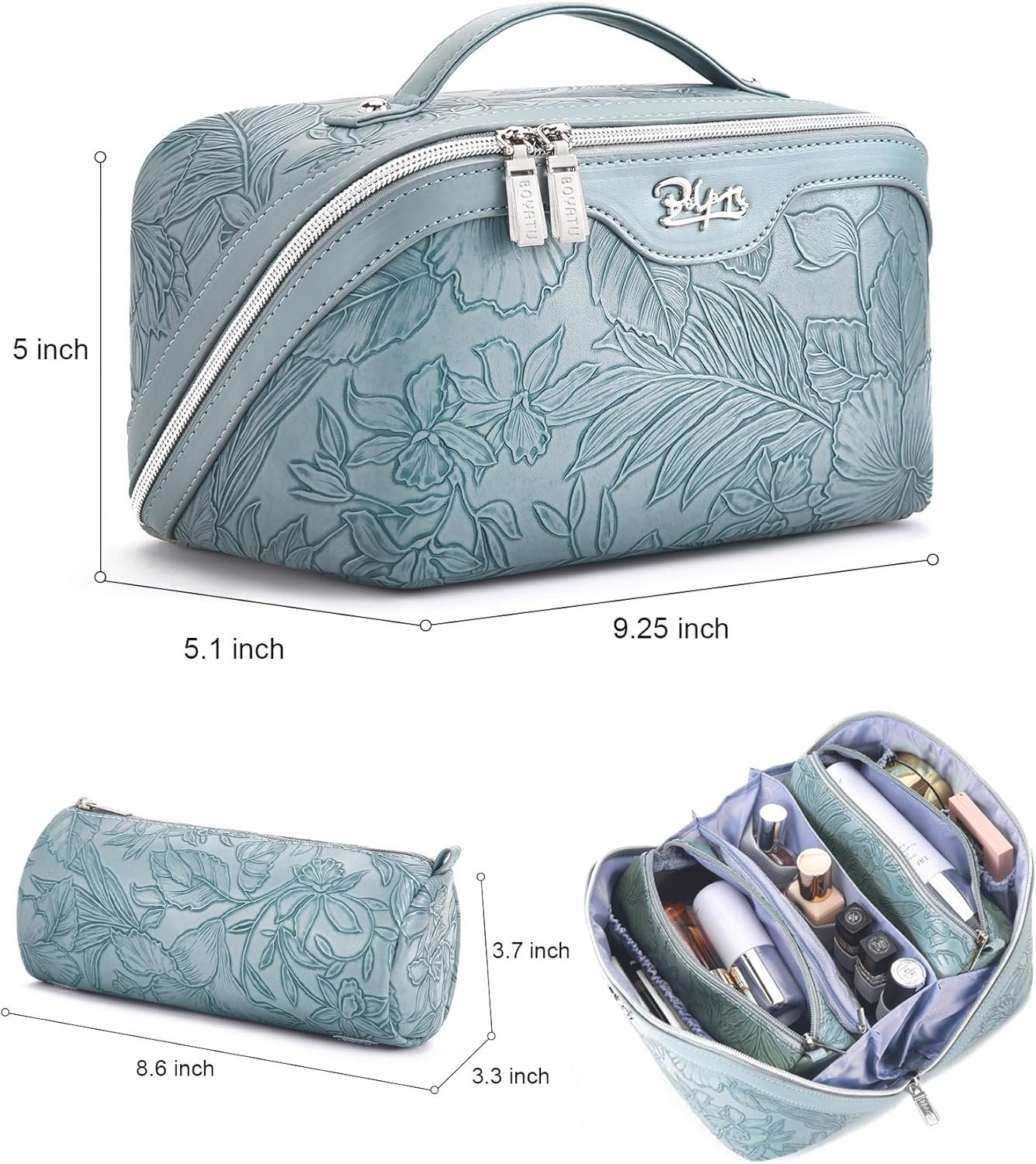 Private Label 3 Pcs Large Capacity Travel Makeup Bags Floral Cosmetic Organizer Manufacturer with Compartments Waterproof Leather Toiletry Bag with Handle Custom Logo for Women (01-Light Blue)