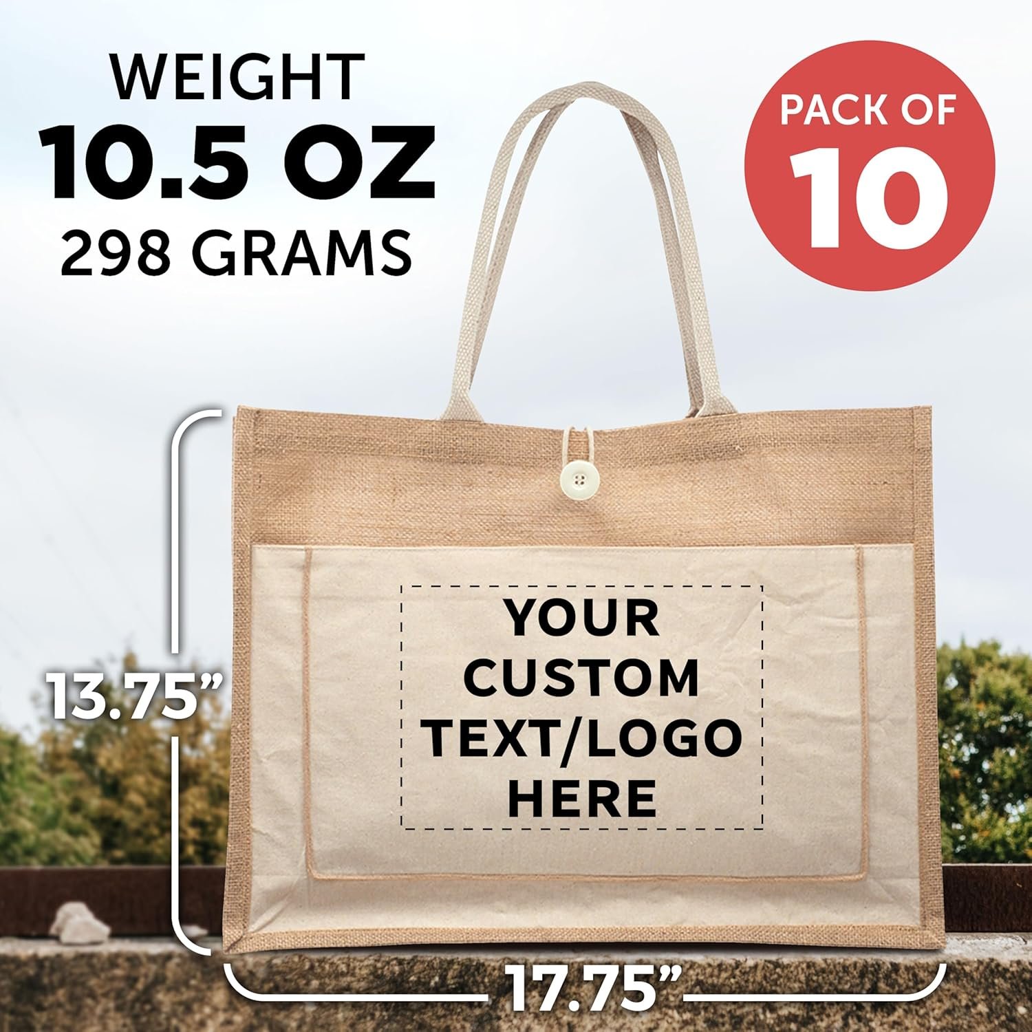 Custom Logo Jute Tote Bags with Cotton Pocket Set of 10 Private Label Bulk Pack from Manufacturer Reusable Natural for Picnic Camping Beach Outdoor Activities