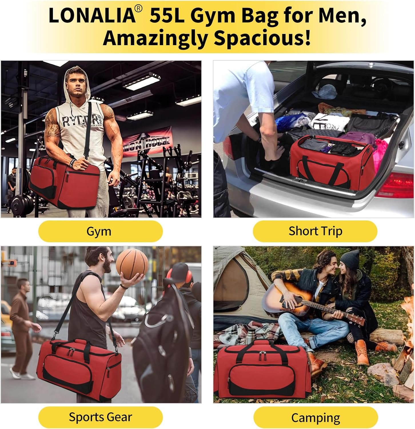 Private Label 55L Large Gym Duffel Bag for Men with Custom Logo - 22 Inch Heavy Duty Sports Duffel Bag Manufacturer (Red)