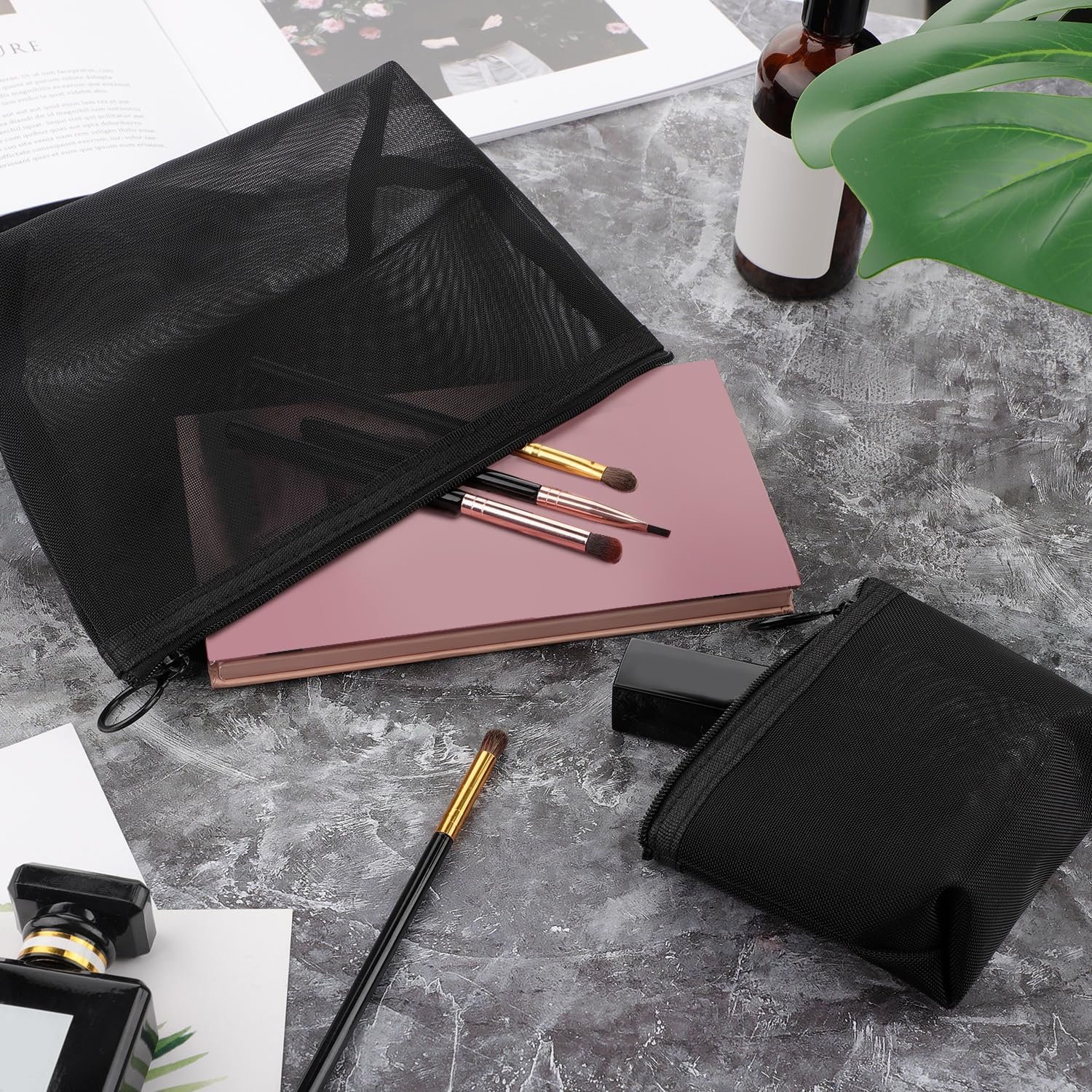 Manufacturer 3 Piece Mesh Cosmetic Makeup Bags with Zipper Pouch Custom Logo Travel Toiletry for Makeup Organizer Home Office Private Label Accessories Black
