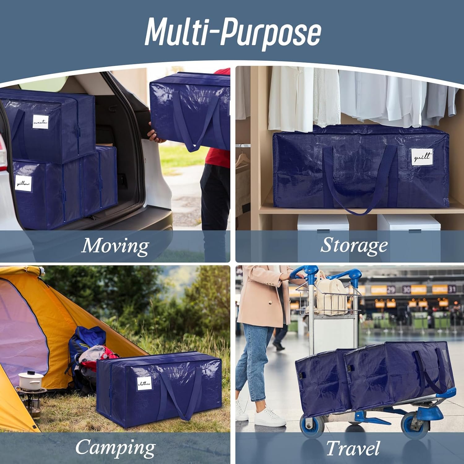 Private Label 6 Pack Extra Heavy Duty Large Moving Bags with Strong Zipper Comfortable Handles, Manufacturer Sturdy Durable Clothes Storage Totes Bins, Custom Logo Dark Blue Packing Bags for College Supplies