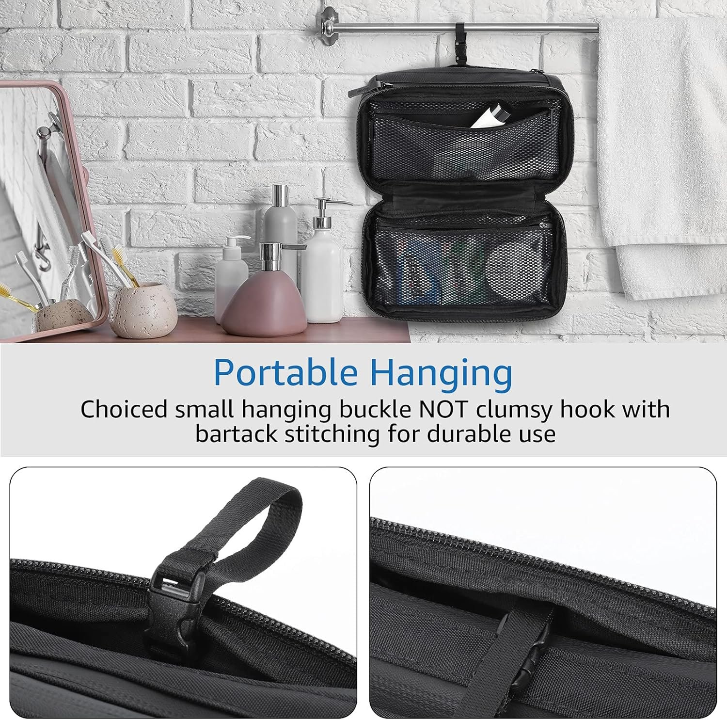 Custom Logo Compact Mens Toiletry Travel Hanging Bag Private Label Waterproof Dopp Kit Wash Pouch Factory Black