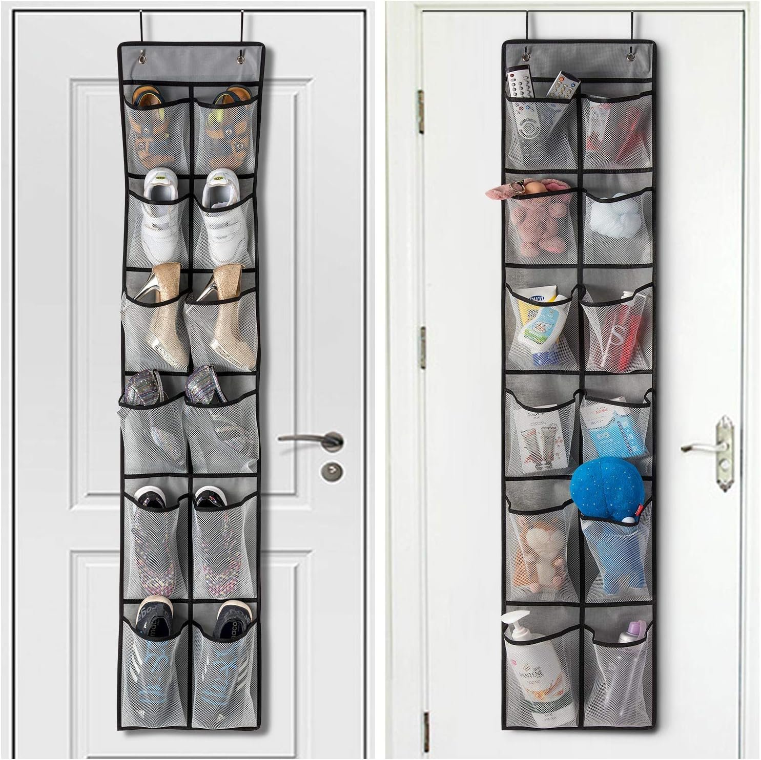 Private Label Over-the-Door Shoe Organizer 2 Pack with Mesh Pockets - Custom Logo Hanging Shoe Rack Shoe Storage Closet 4 Hooks Washable Breathable Fabric - Large Size 57.5×12.6inch Grey Manufacturer
