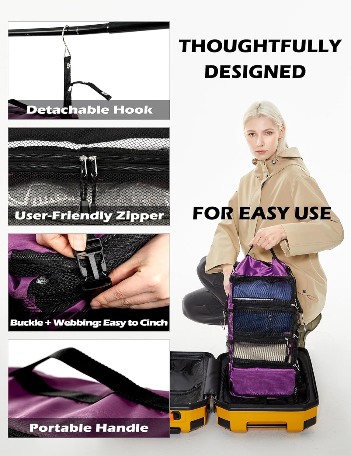 Private Label Hanging Packing Cubes All-in-One Ultra-Light Travel Shelves Portable Compression Organizer Bag Manufacturer for Carry-On Luggage Suitcase Closet Wardrobe Accessories Custom Logo Medium Purple